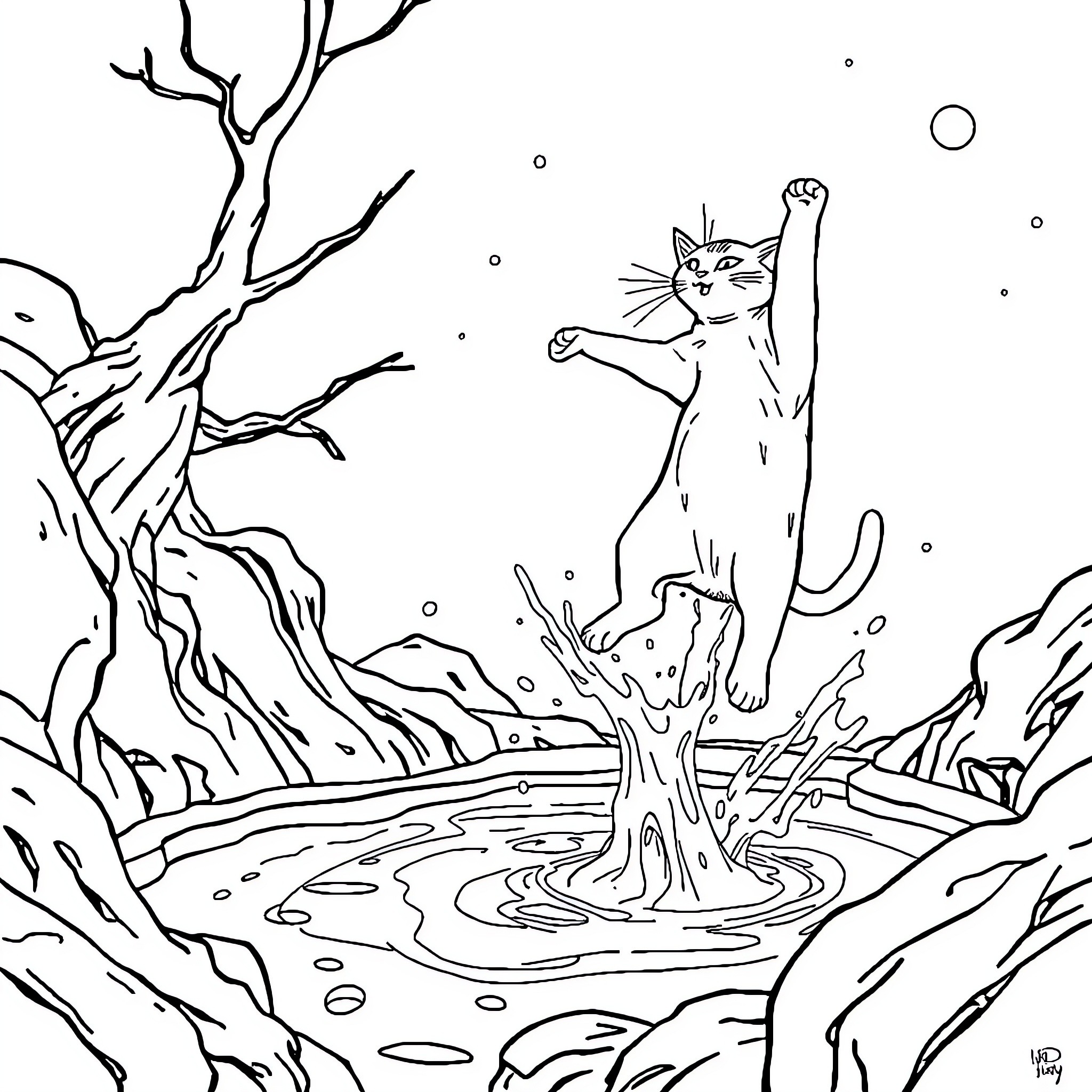 Cat exploring a mystical winter landscape Coloring Page (free black-and-white line drawing printable PDF for all, from beginners to advanced learners, including children, teens, adults, and seniors)