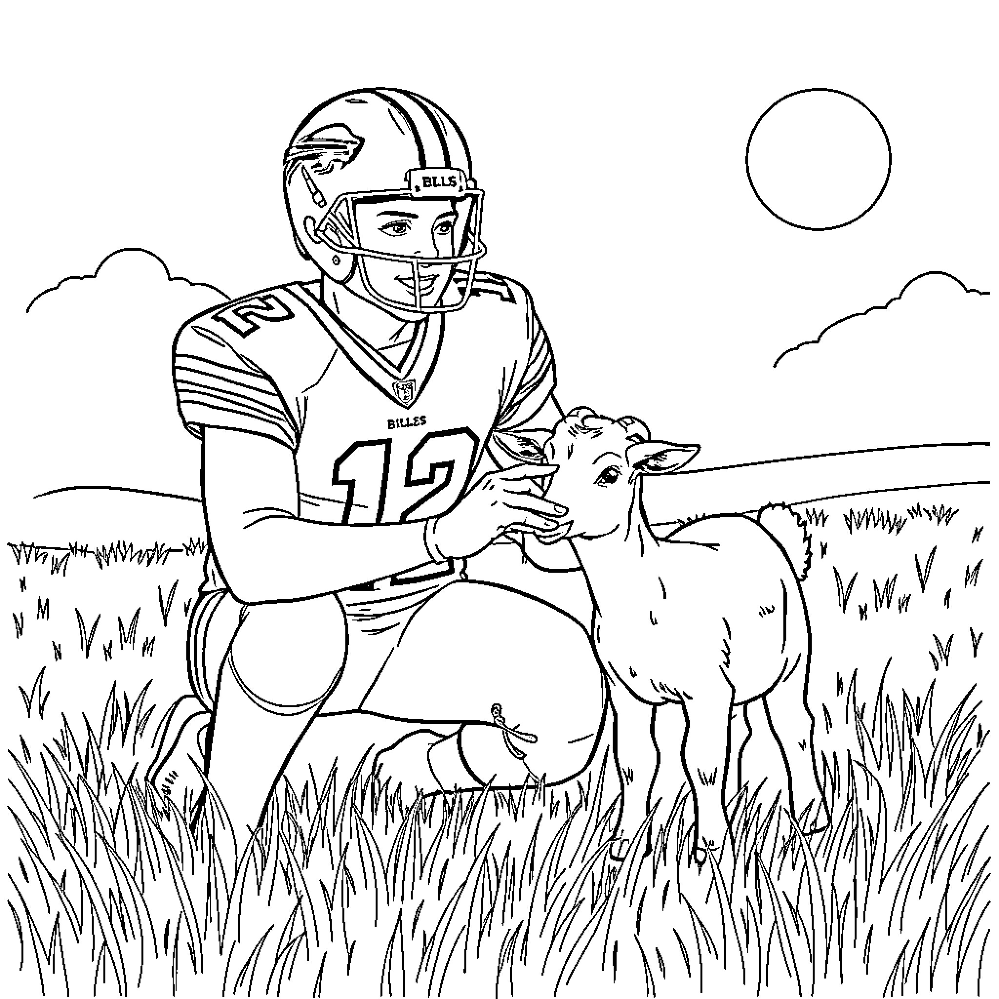 Josh Allen playing with sheep in the countryside Coloring Page (free black-and-white line drawing printable PDF for all, from beginners to advanced learners, including children, teens, adults, and seniors)