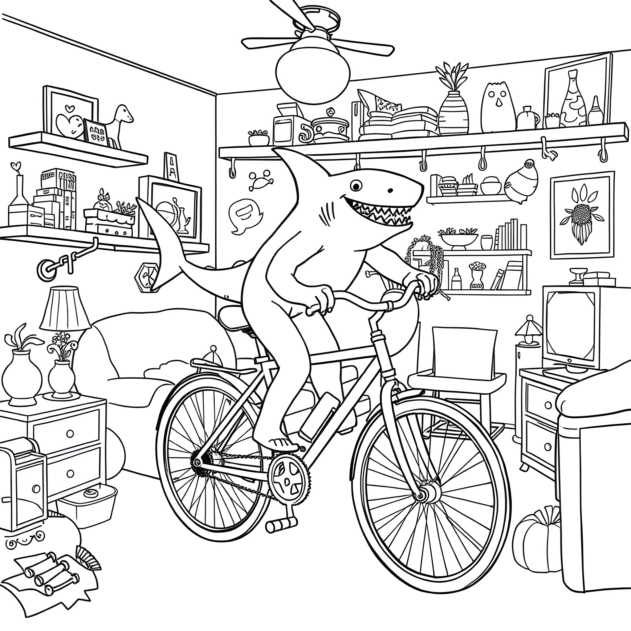 Shark riding a bicycle in a cozy room Coloring Page (free black-and-white line drawing printable PDF for all, from beginners to advanced learners, including children, teens, adults, and seniors)