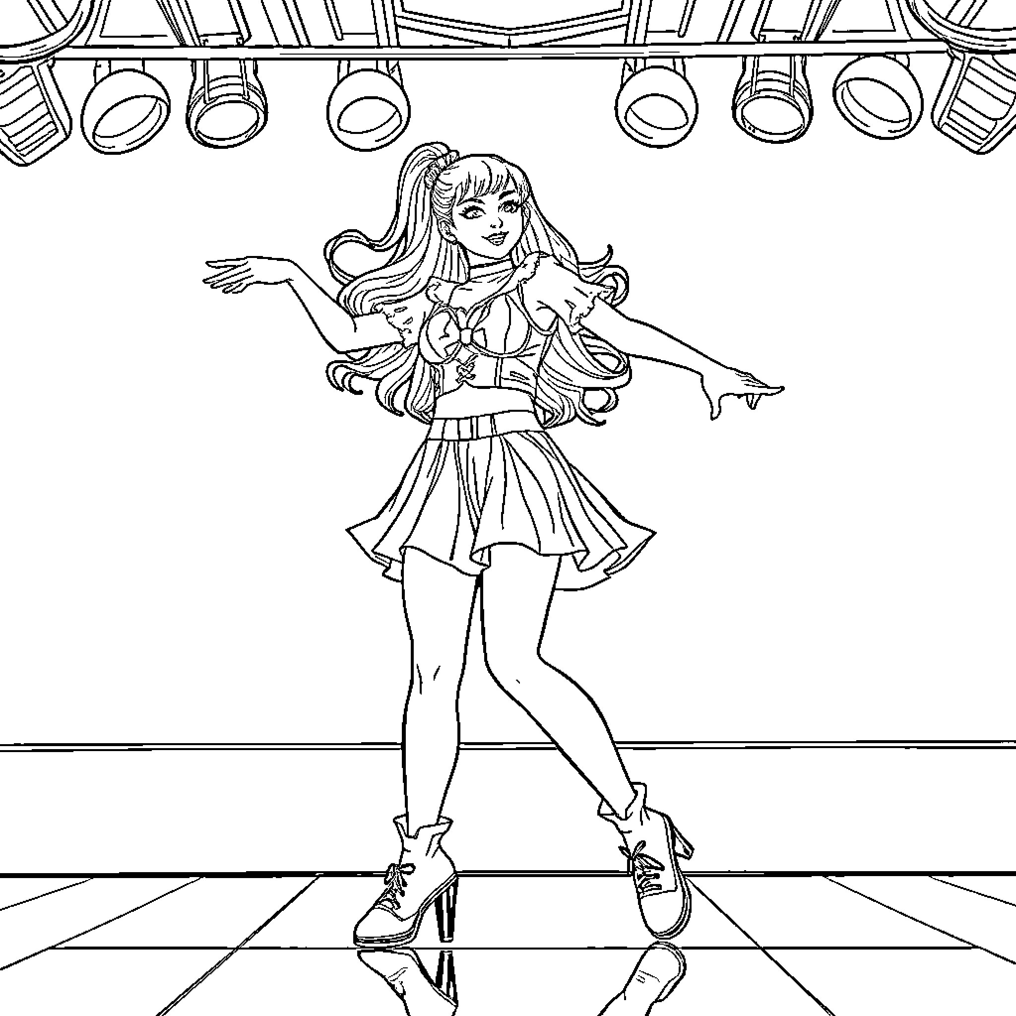 Mira Dances on Stage with Confidence Coloring Page (free black-and-white line drawing printable PDF for all, from beginners to advanced learners, including children, teens, adults, and seniors)