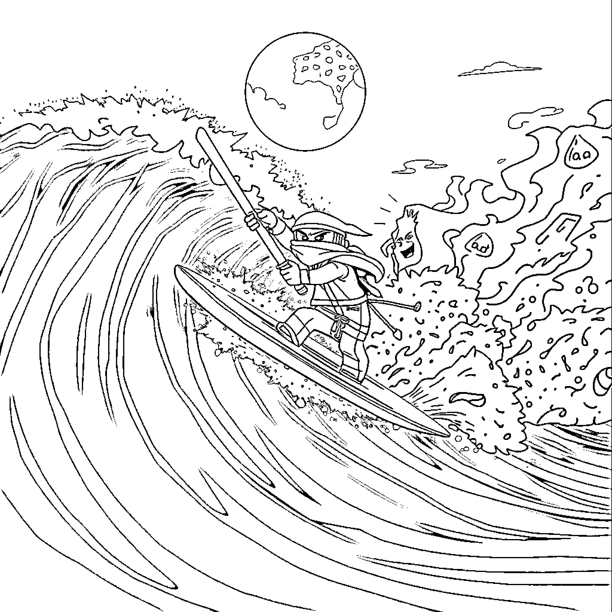 Ninjago riding the waves with determination Coloring Page (free black-and-white line drawing printable PDF for all, from beginners to advanced learners, including children, teens, adults, and seniors)