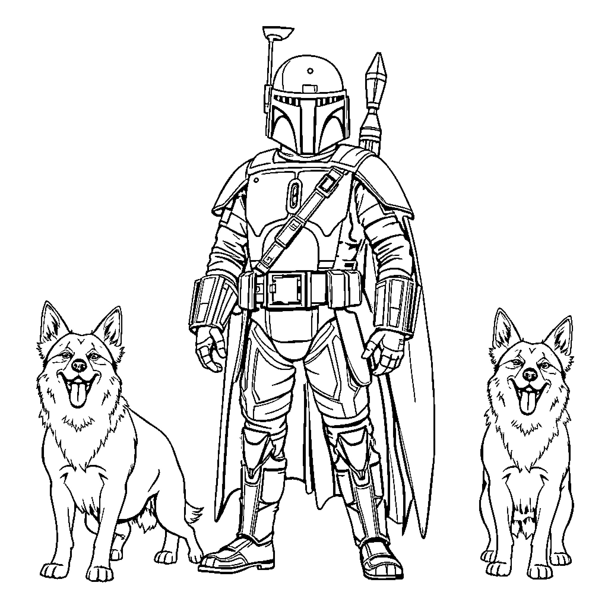 Boba Fett and Loyal Canine Companions Coloring Page (free black-and-white line drawing printable PDF for all, from beginners to advanced learners, including children, teens, adults, and seniors)