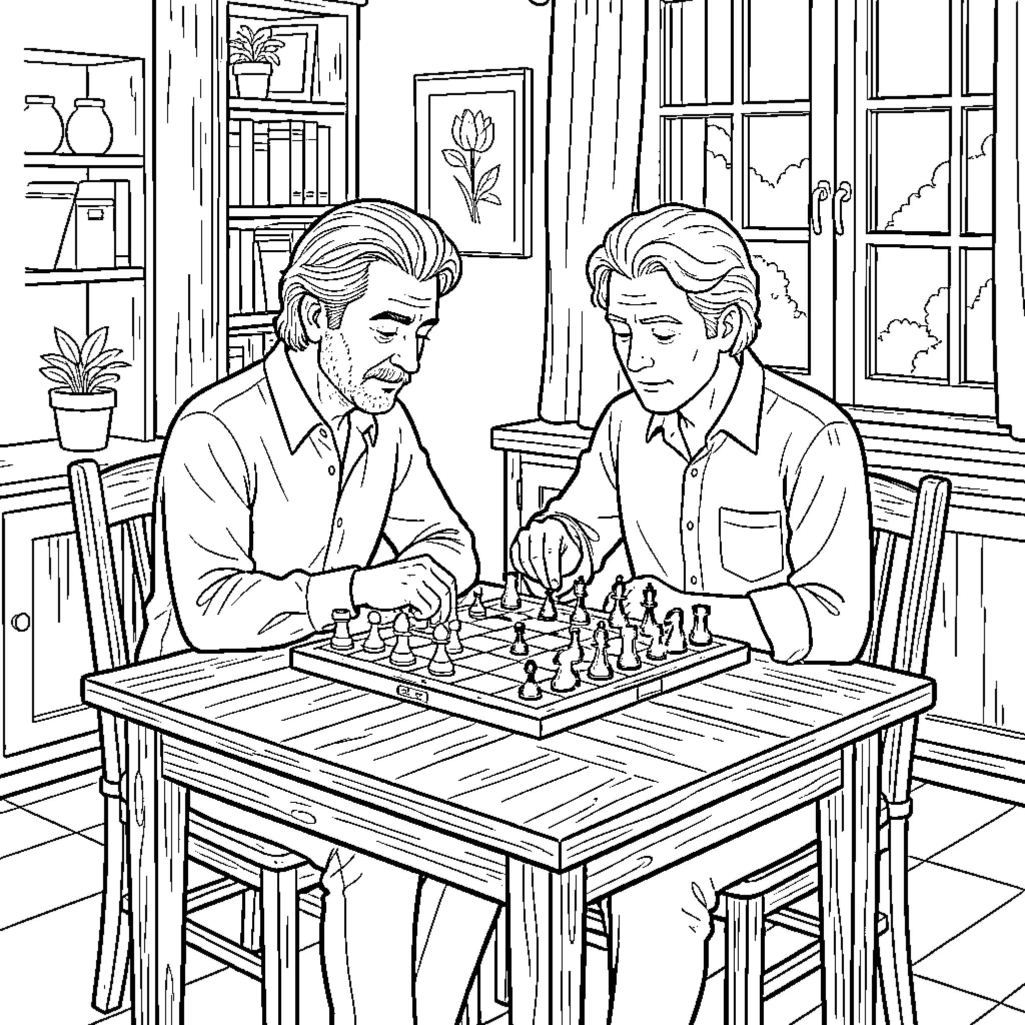 Jean-Jacques Goldman playing a focused game of chess Coloring Page (free black-and-white line drawing printable PDF for all, from beginners to advanced learners, including children, teens, adults, and seniors)