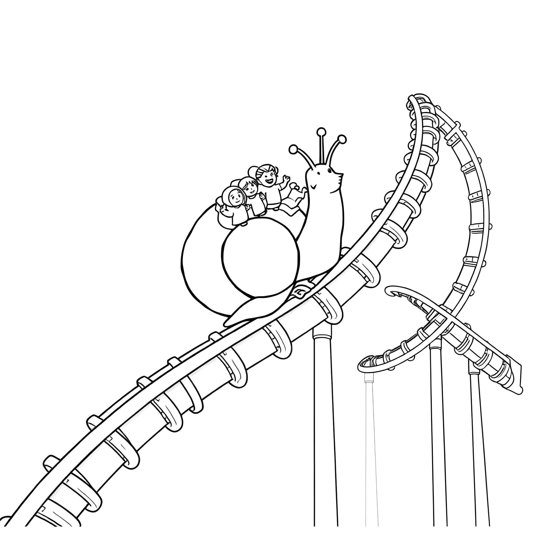 Snail riding a thrilling roller coaster Coloring Page (free black-and-white line drawing printable PDF for all, from beginners to advanced learners, including children, teens, adults, and seniors)