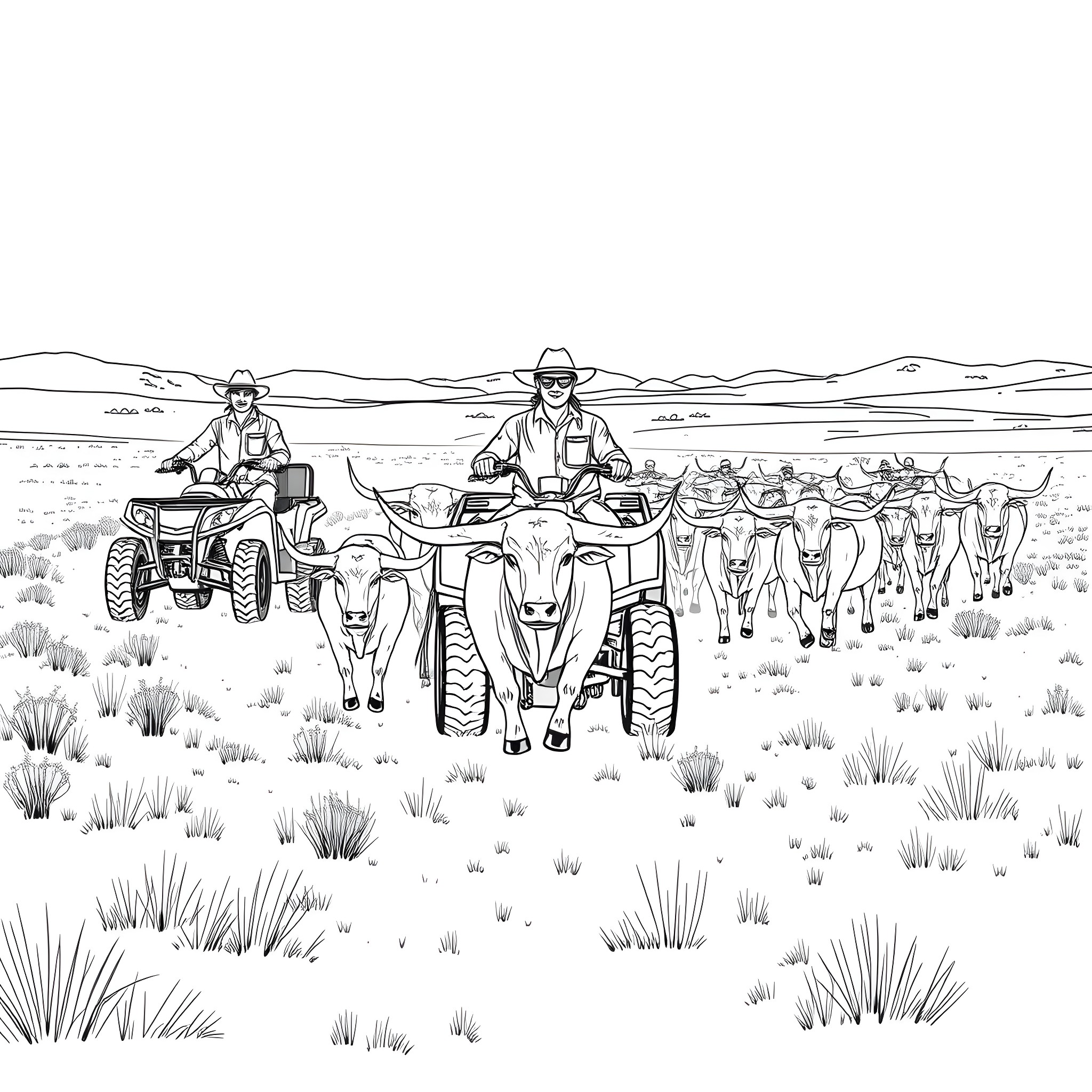 Longhorn Cattle herded on ATVs across the plains Coloring Page (free black-and-white line drawing printable PDF for all, from beginners to advanced learners, including children, teens, adults, and seniors)