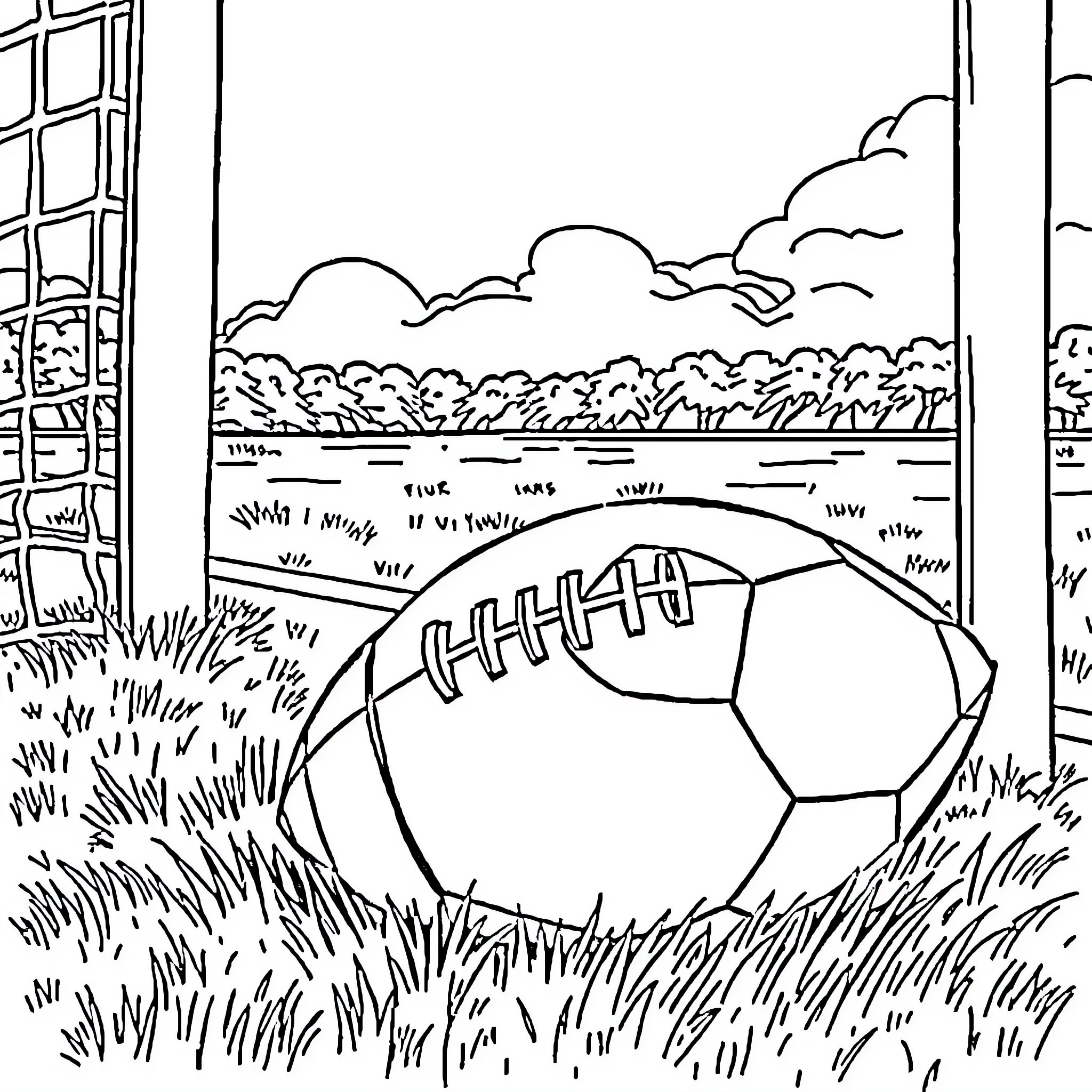 Football in the Grassy Field Coloring Page (free black-and-white line drawing printable PDF for all, from beginners to advanced learners, including children, teens, adults, and seniors)