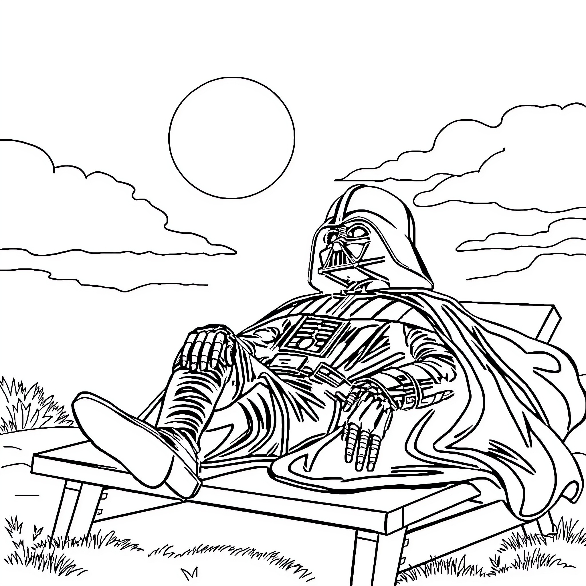 Darth Vader resting in a peaceful outdoor scene Coloring Page (free black-and-white line drawing printable PDF for all, from beginners to advanced learners, including children, teens, adults, and seniors)