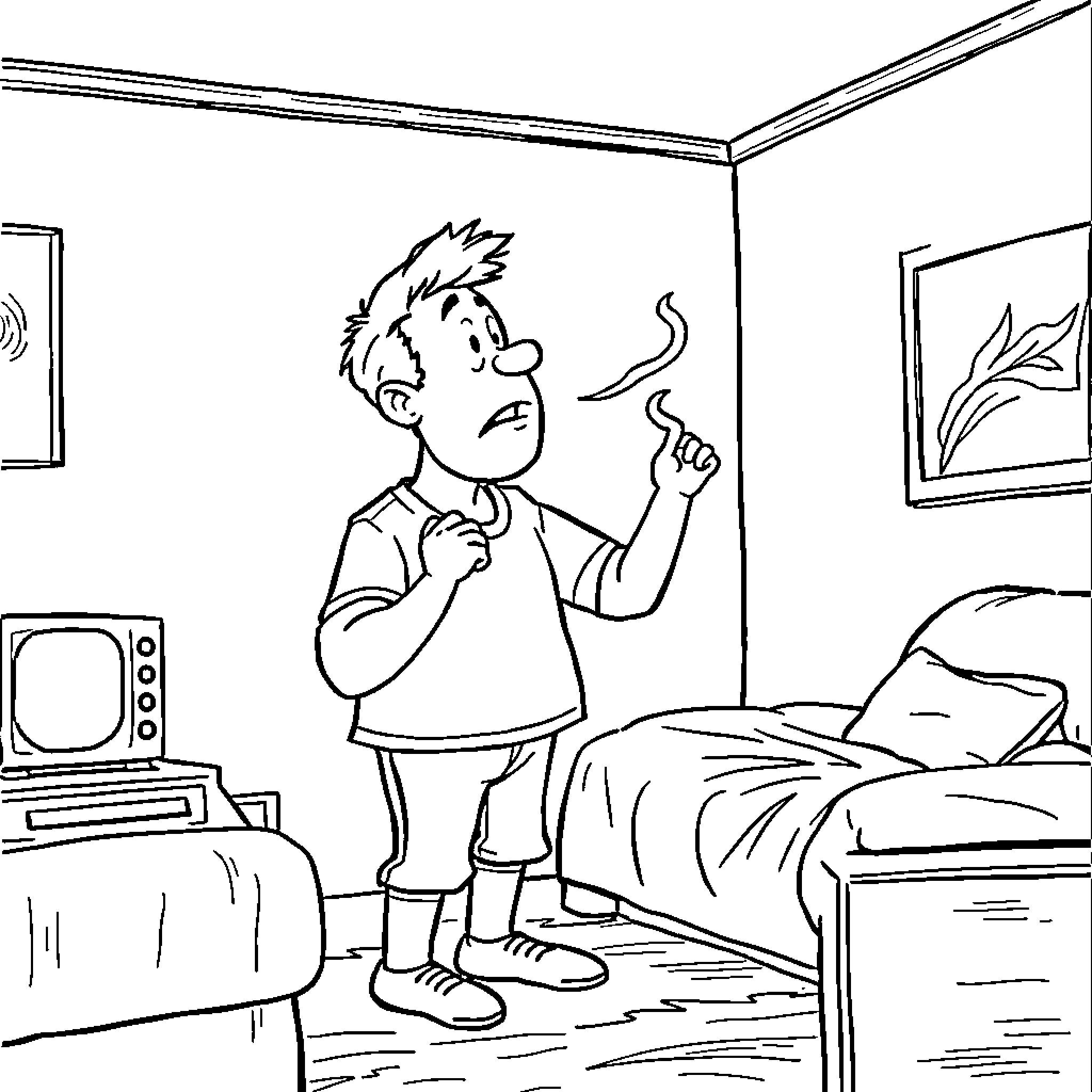 Fart surprises boy in his bedroom Coloring Page (free black-and-white line drawing printable PDF for all, from beginners to advanced learners, including children, teens, adults, and seniors)