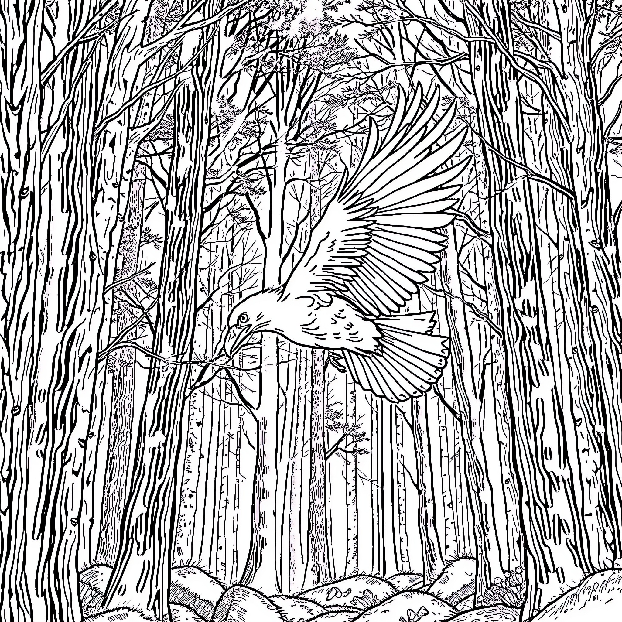 Raven soaring through the enchanted forest Coloring Page (free black-and-white line drawing printable PDF for all, from beginners to advanced learners, including children, teens, adults, and seniors)