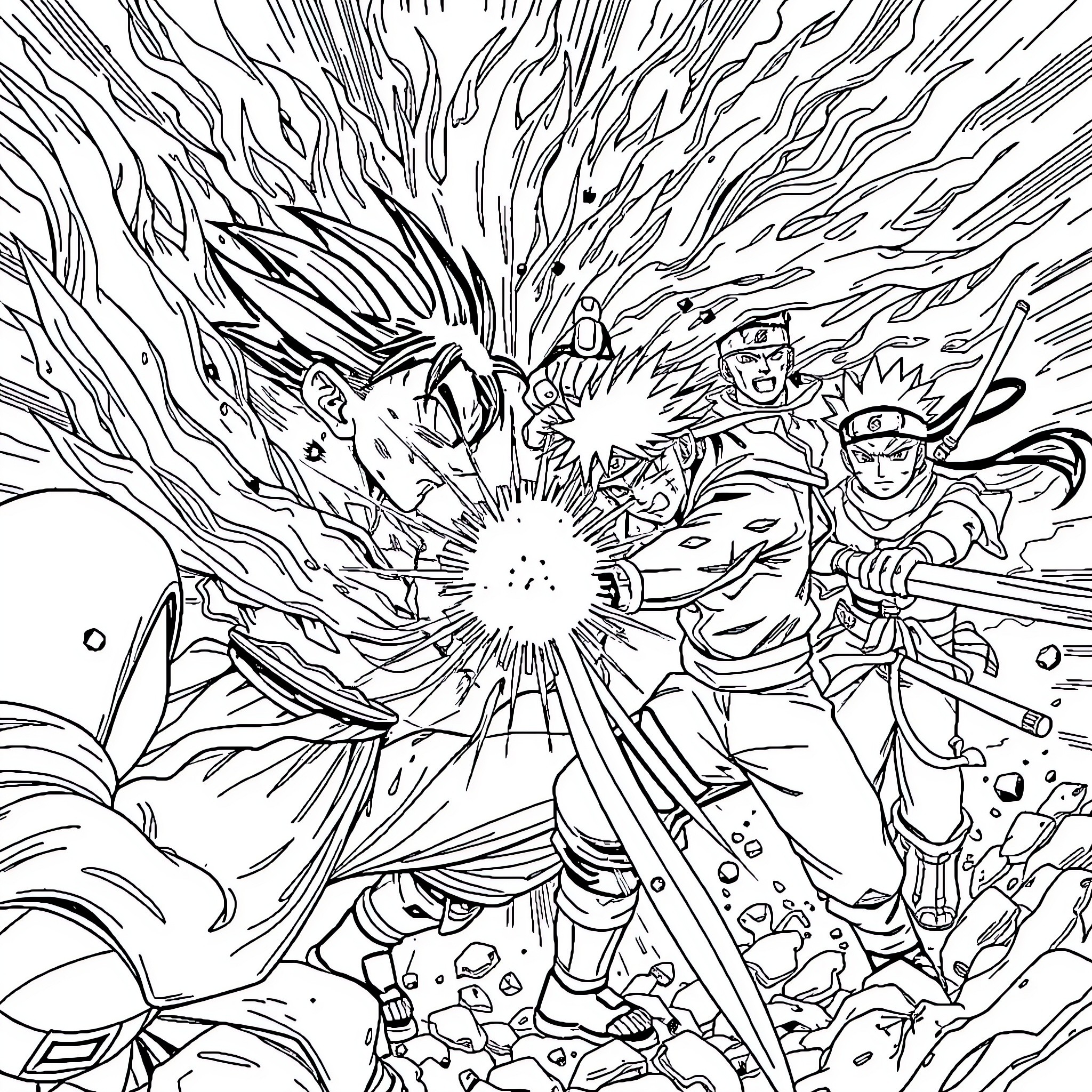 Dragon Ball: Explosive Energy Clash of Iconic Characters Coloring Page (free black-and-white line drawing printable PDF for all, from beginners to advanced learners, including children, teens, adults, and seniors)