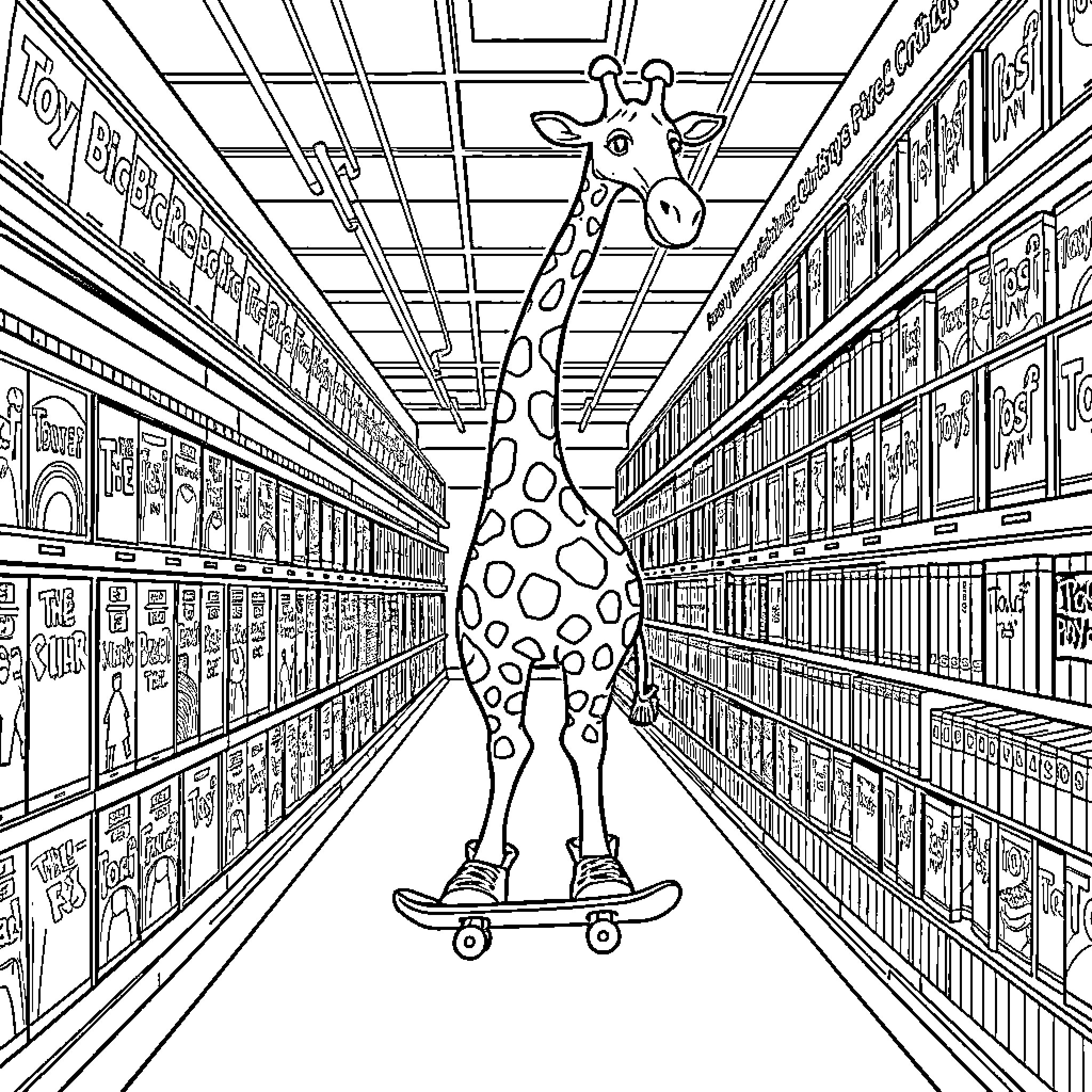 Giraffe riding a skateboard down store aisles Coloring Page (free black-and-white line drawing printable PDF for all, from beginners to advanced learners, including children, teens, adults, and seniors)