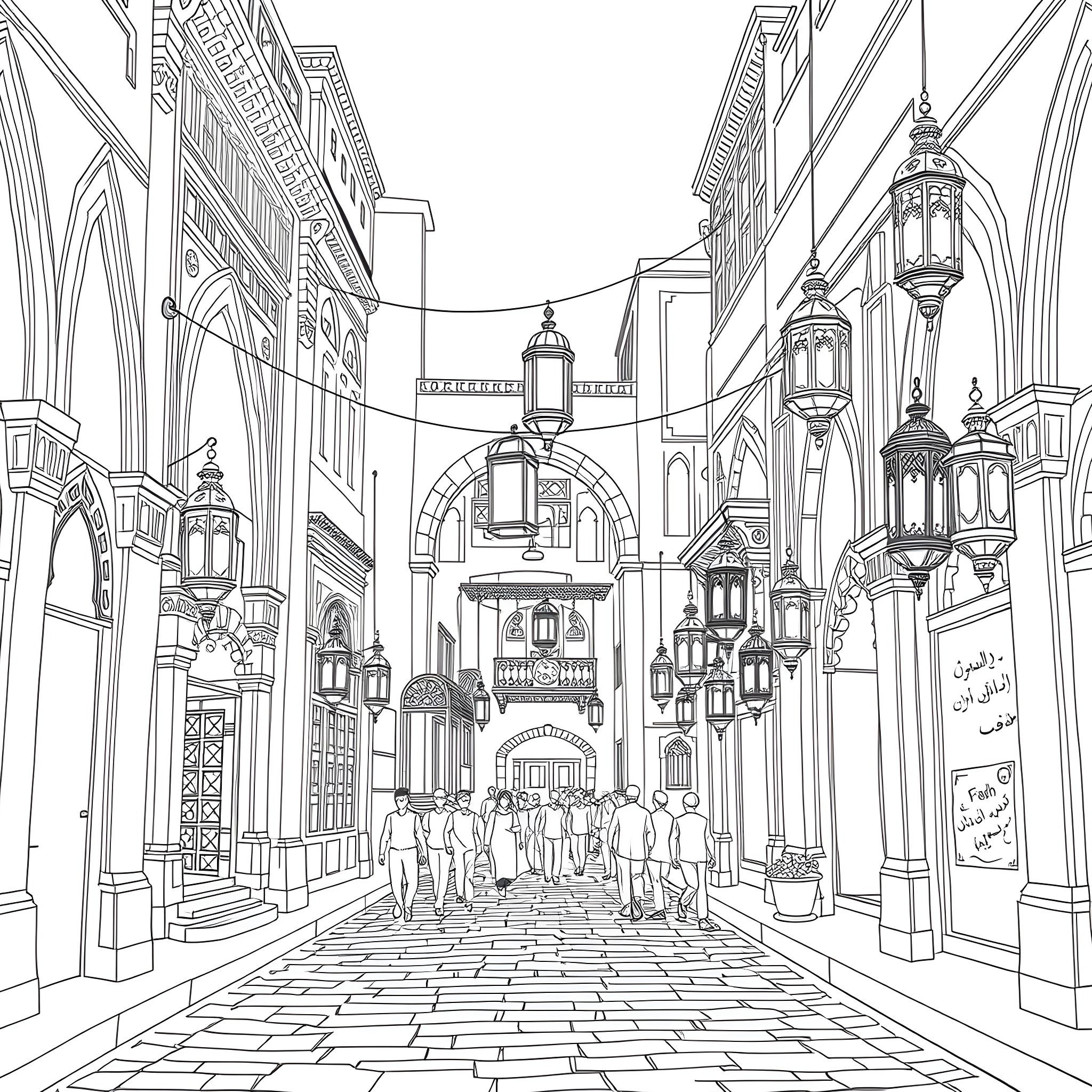 Ancient City with Intricate Architectural Structures and Bustling Crowds Coloring Page (free black-and-white line drawing printable PDF for all, from beginners to advanced learners, including children, teens, adults, and seniors)