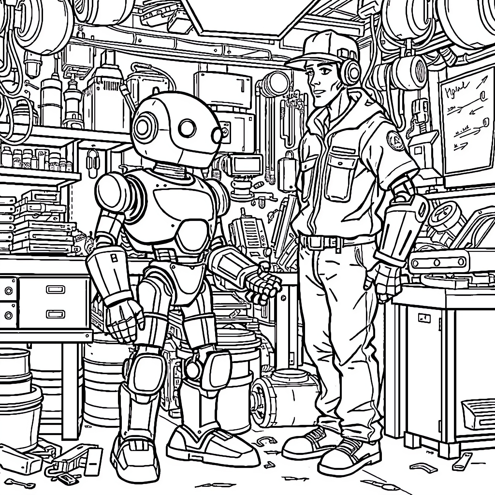 Robot and Technician Examining Equipment in Workshop Coloring Page (free black-and-white line drawing printable PDF for all, from beginners to advanced learners, including children, teens, adults, and seniors)