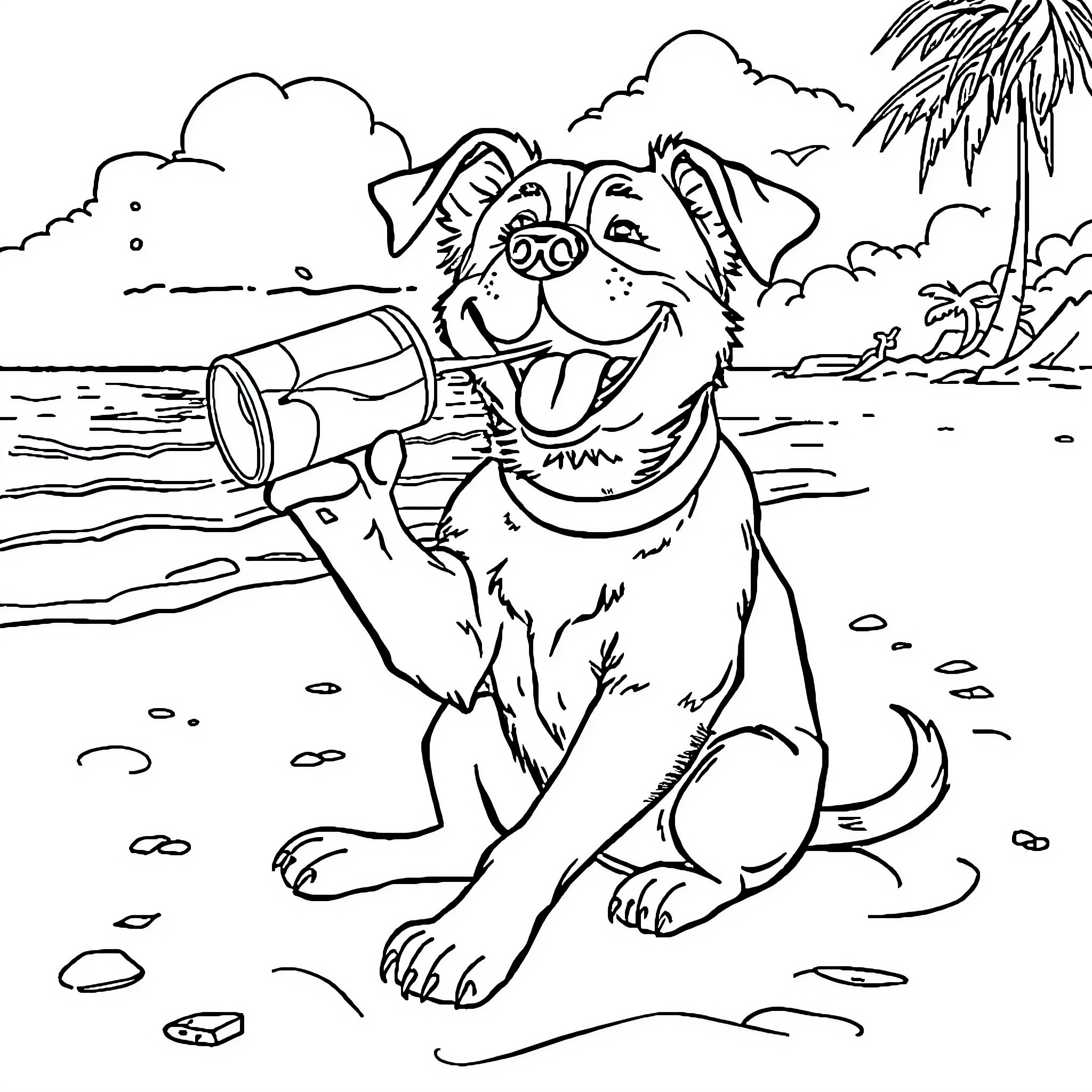 Dog exploring the beach with a telescope Coloring Page (free black-and-white line drawing printable PDF for all, from beginners to advanced learners, including children, teens, adults, and seniors)