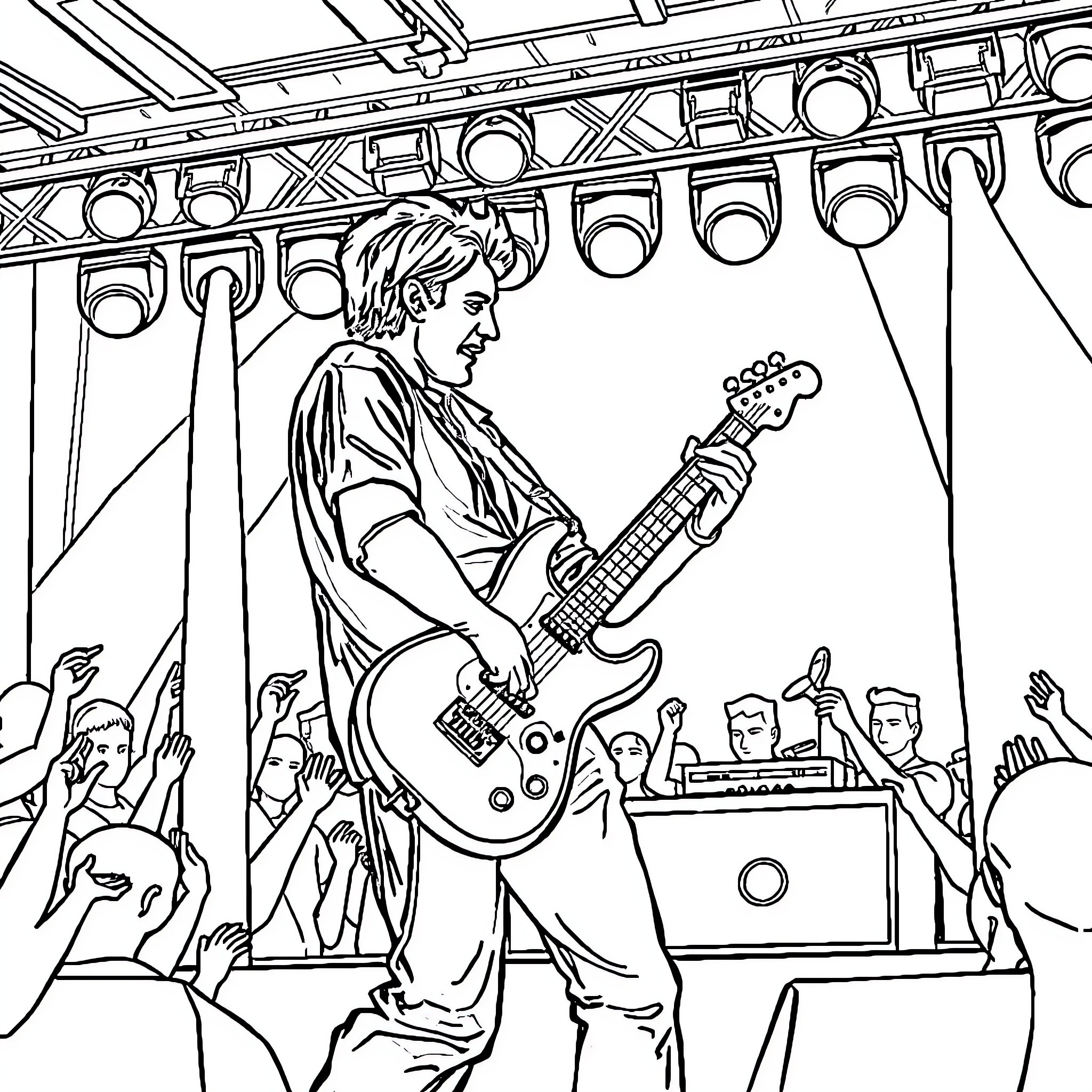 Man performing on stage with electric guitar Coloring Page (free black-and-white line drawing printable PDF for all, from beginners to advanced learners, including children, teens, adults, and seniors)