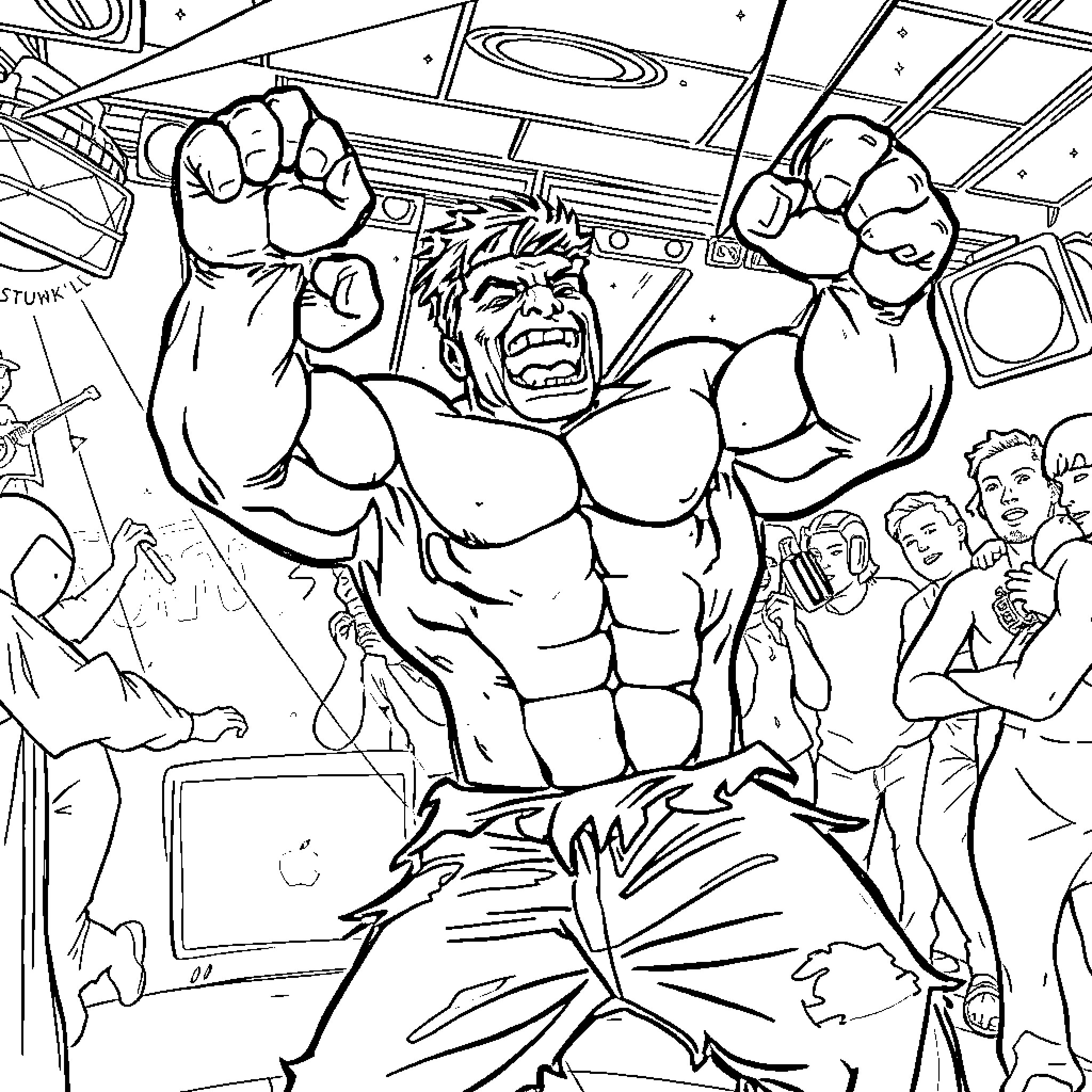 Hulk roaring in action-packed comic book scene Coloring Page (free black-and-white line drawing printable PDF for all, from beginners to advanced learners, including children, teens, adults, and seniors)