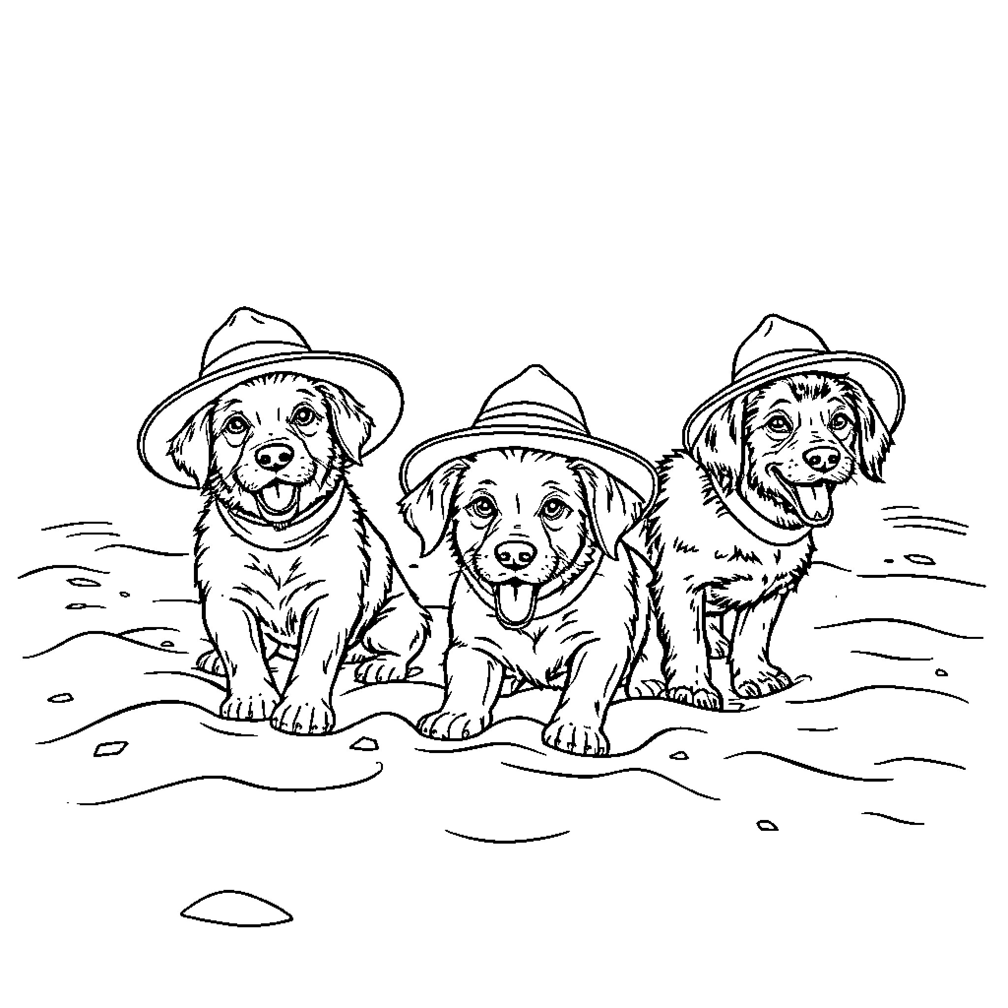 Dog trio exploring the outdoors in hats Coloring Page (free black-and-white line drawing printable PDF for all, from beginners to advanced learners, including children, teens, adults, and seniors)