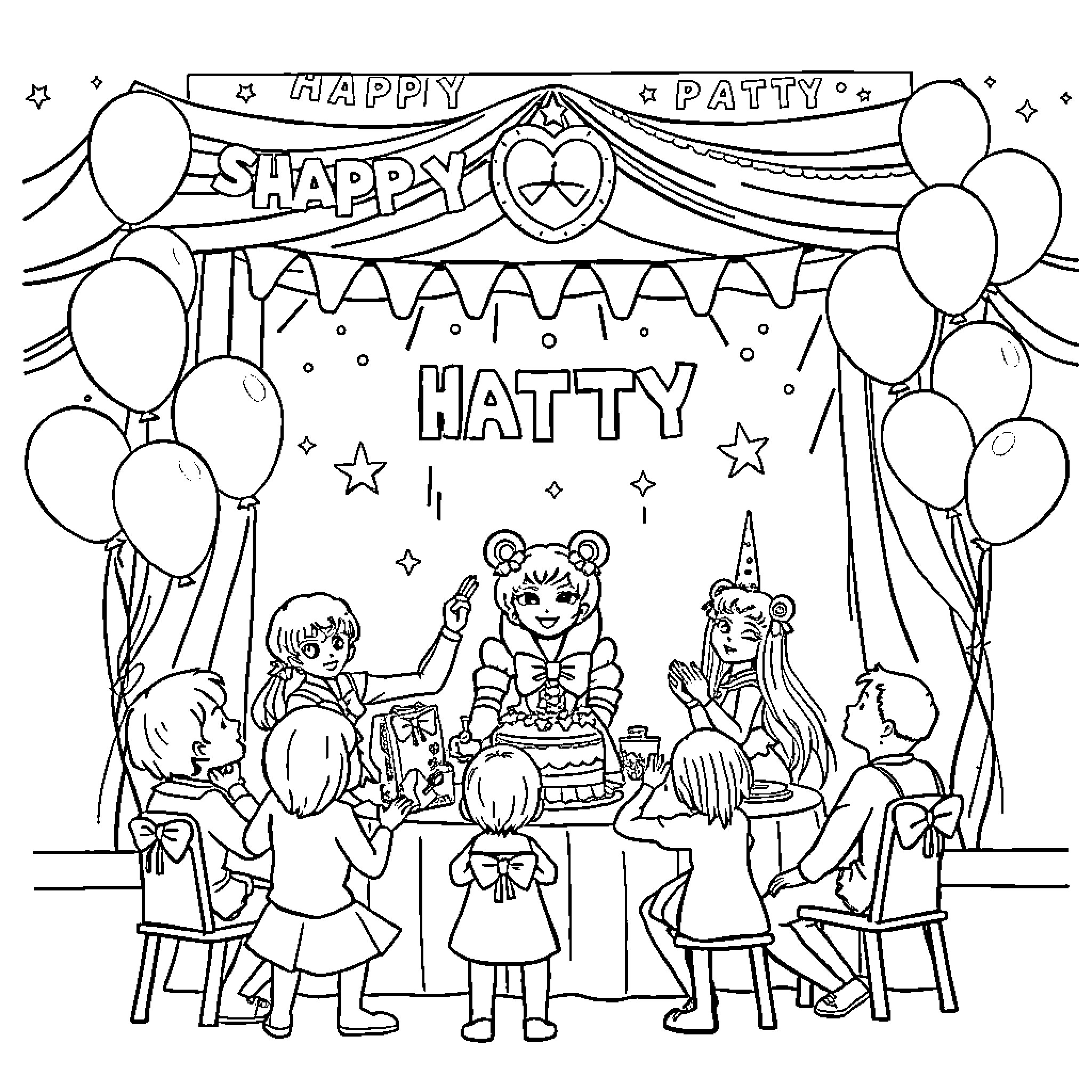 Sailor Moon celebrating a Happy Patty party with friends Coloring Page (free black-and-white line drawing printable PDF for all, from beginners to advanced learners, including children, teens, adults, and seniors)