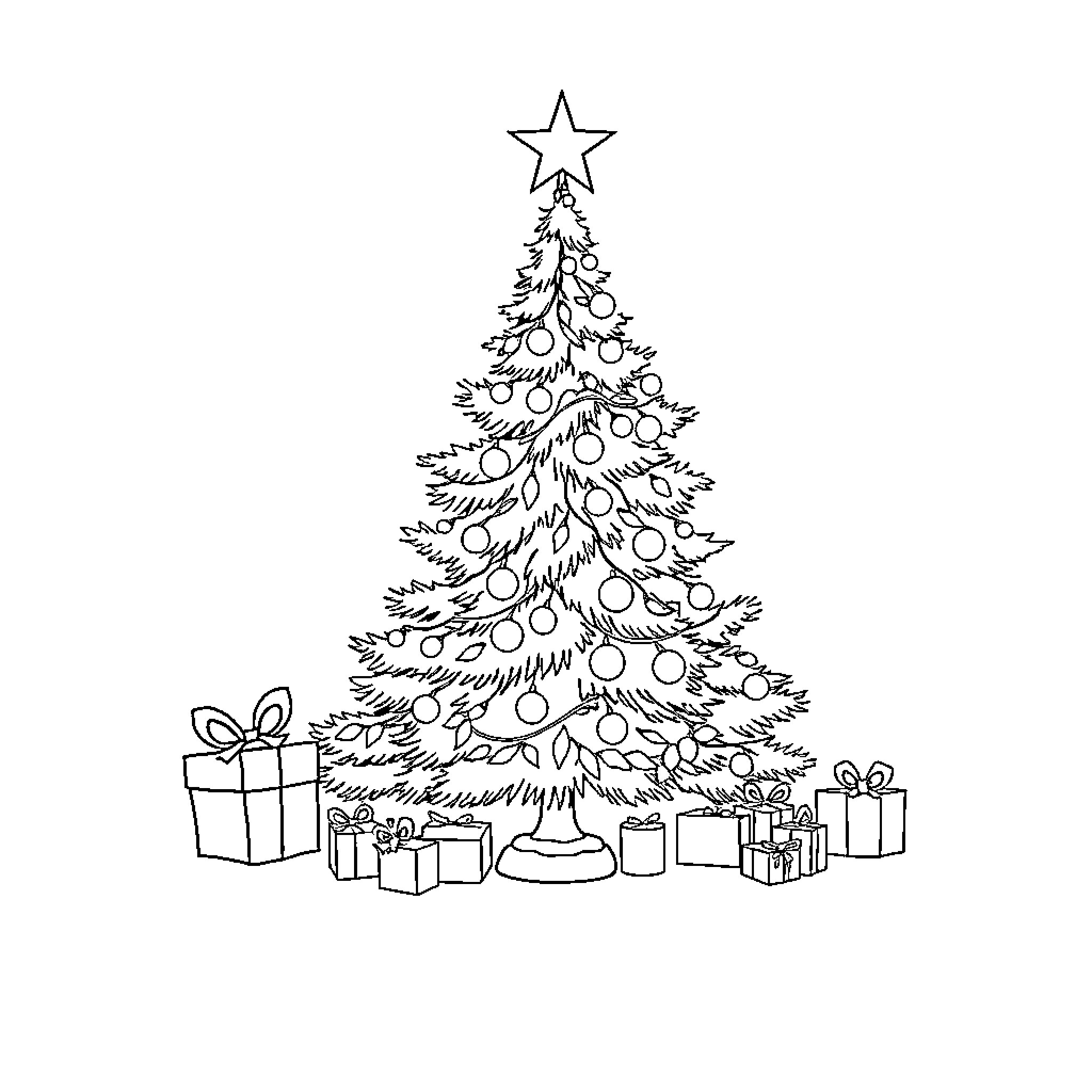 Christmas tree with ornaments and presents Coloring Page (free black-and-white line drawing printable PDF for all, from beginners to advanced learners, including children, teens, adults, and seniors)