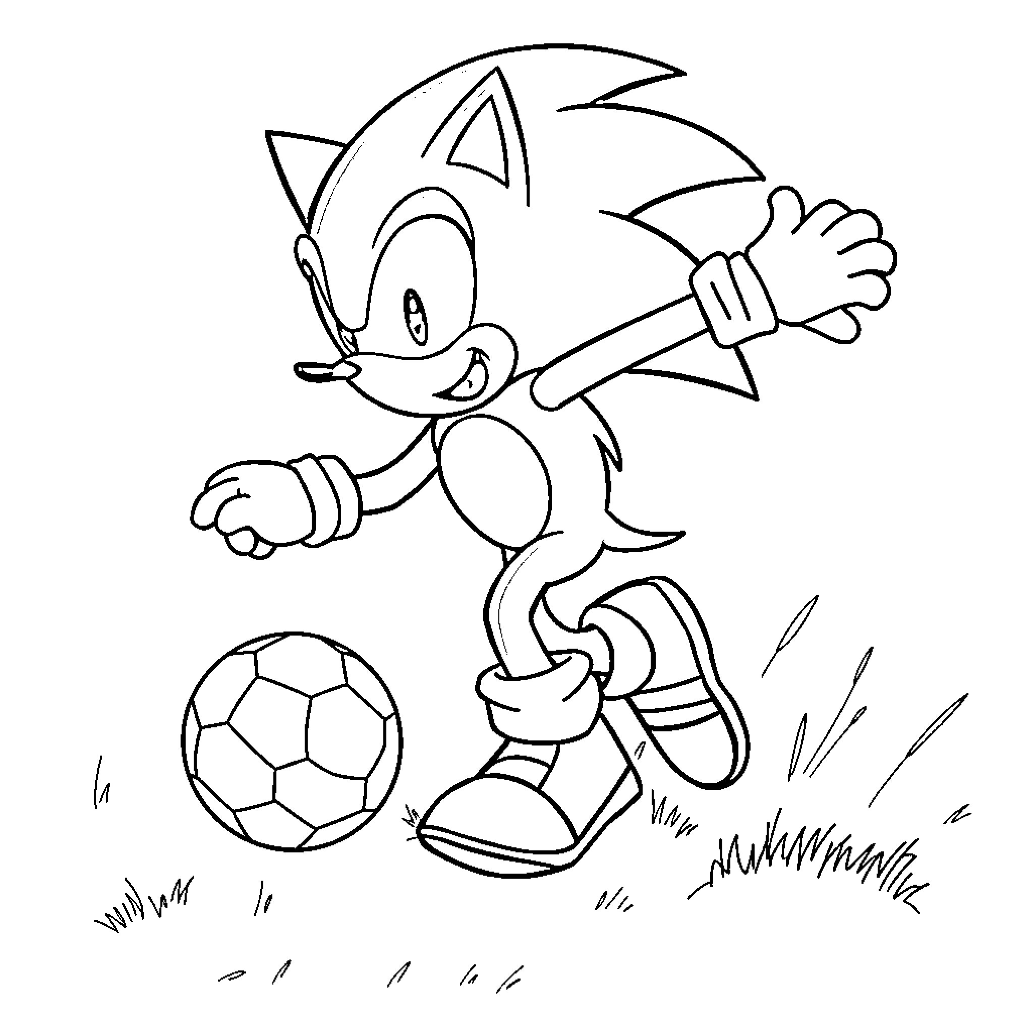 Sonic playing with a soccer ball Coloring Page (free black-and-white line drawing printable PDF for all, from beginners to advanced learners, including children, teens, adults, and seniors)