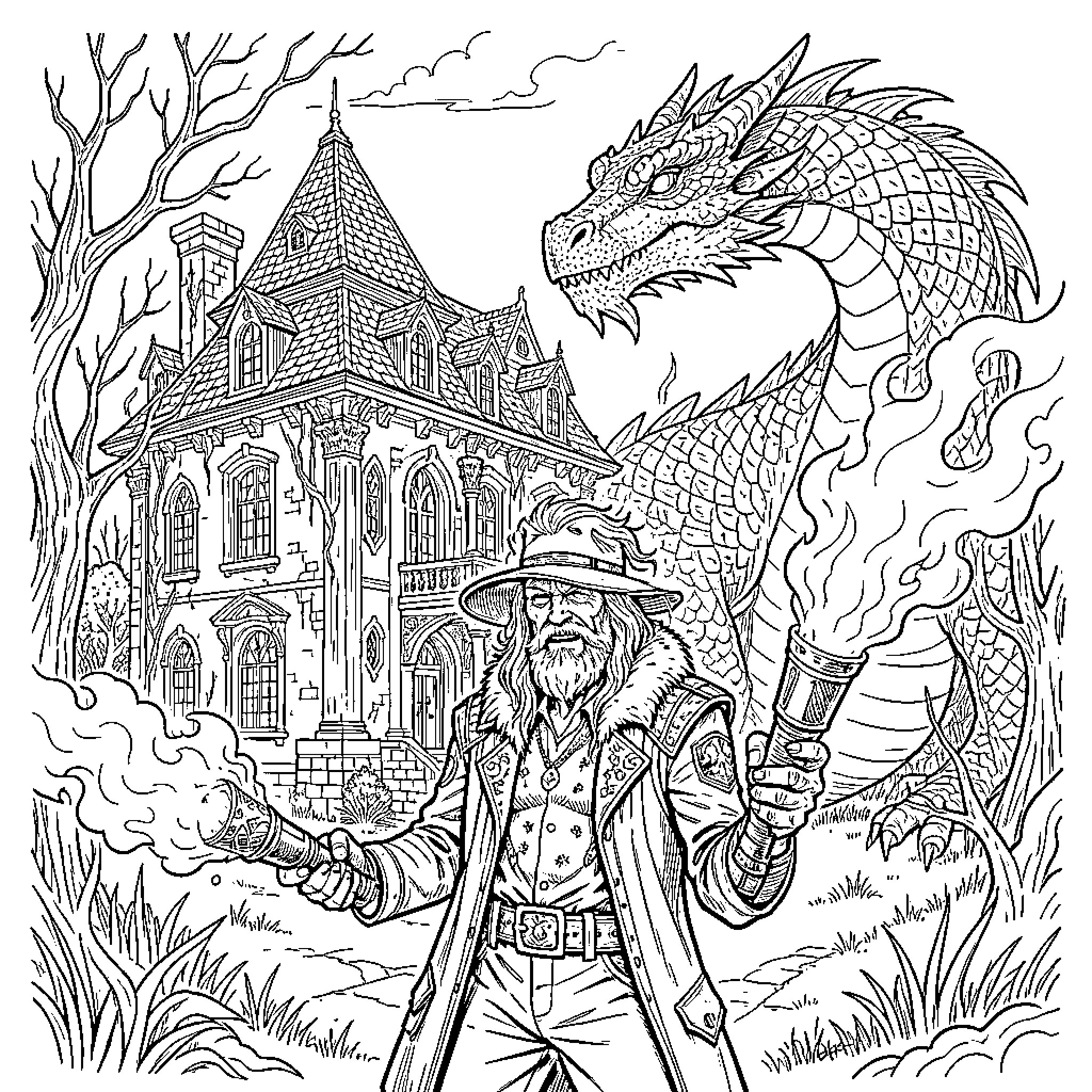 Chanteur face to face with a large dragon Coloring Page (free black-and-white line drawing printable PDF for all, from beginners to advanced learners, including children, teens, adults, and seniors)