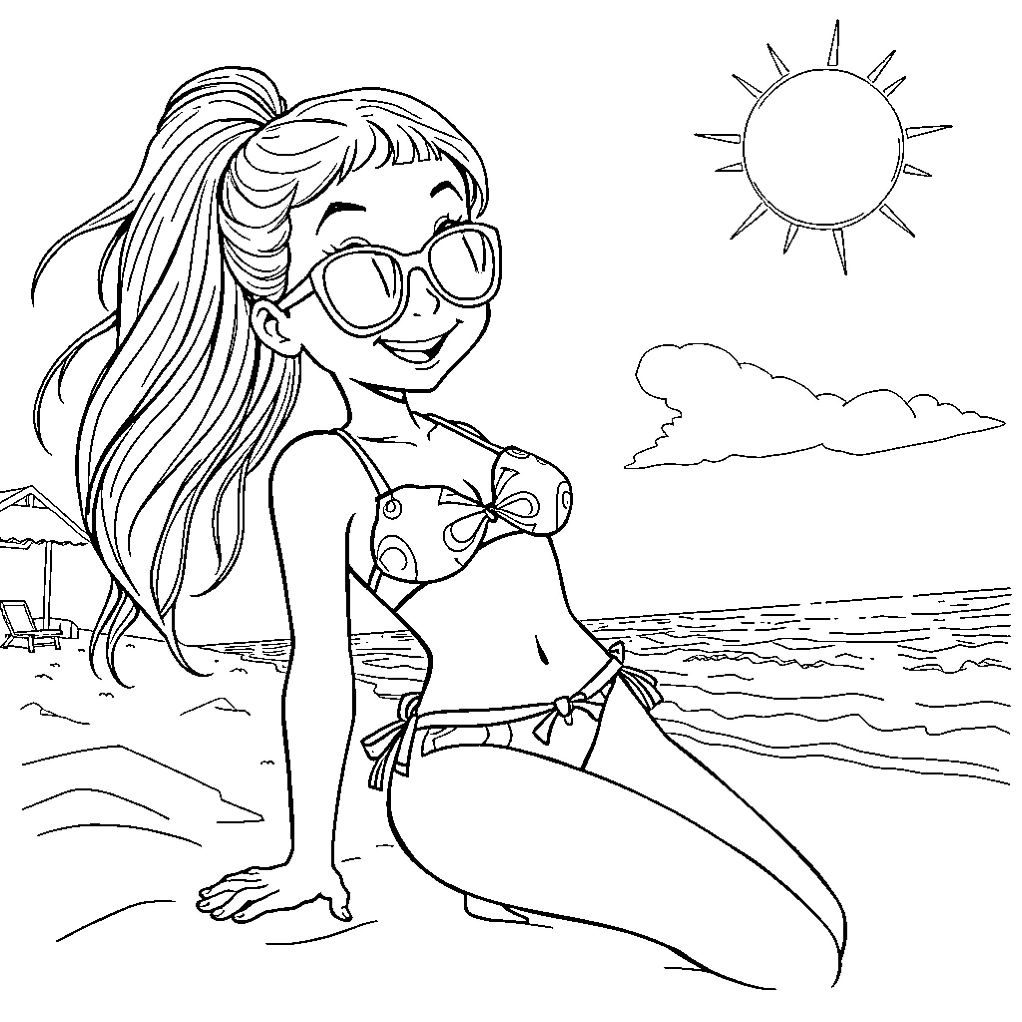Schoolgirl enjoying a sunny day at the beach Coloring Page (free black-and-white line drawing printable PDF for all, from beginners to advanced learners, including children, teens, adults, and seniors)