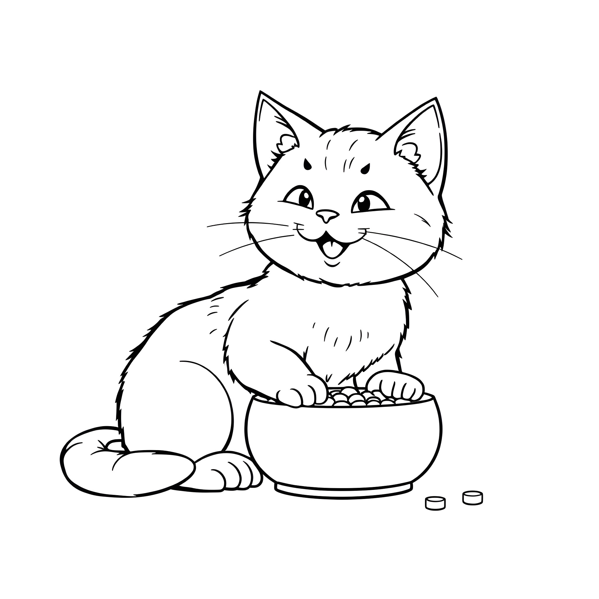 Cat enjoying a snack Coloring Page (free black-and-white line drawing printable PDF for all, from beginners to advanced learners, including children, teens, adults, and seniors)