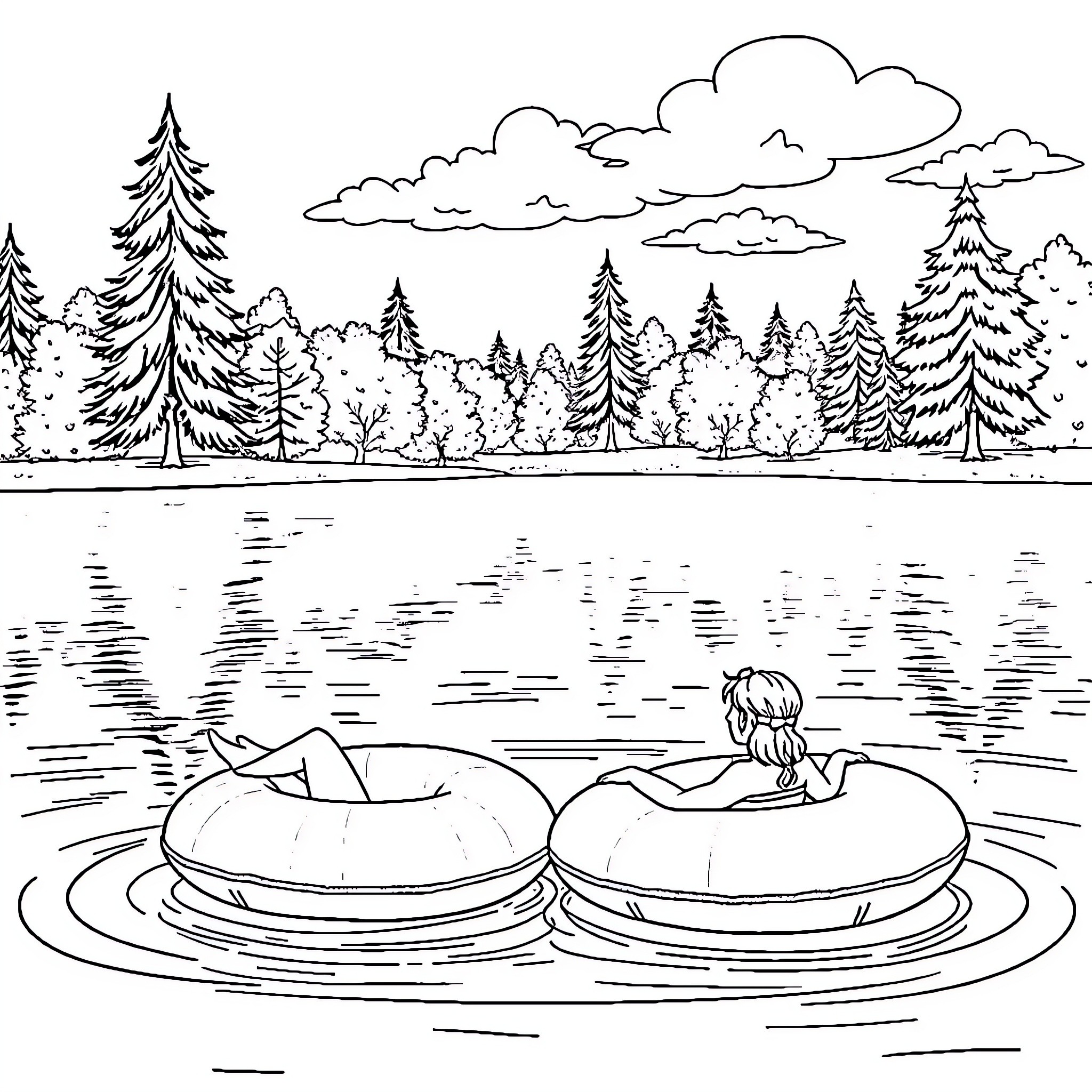 Float Across the Serene Lake Coloring Page (free black-and-white line drawing printable PDF for all, from beginners to advanced learners, including children, teens, adults, and seniors)
