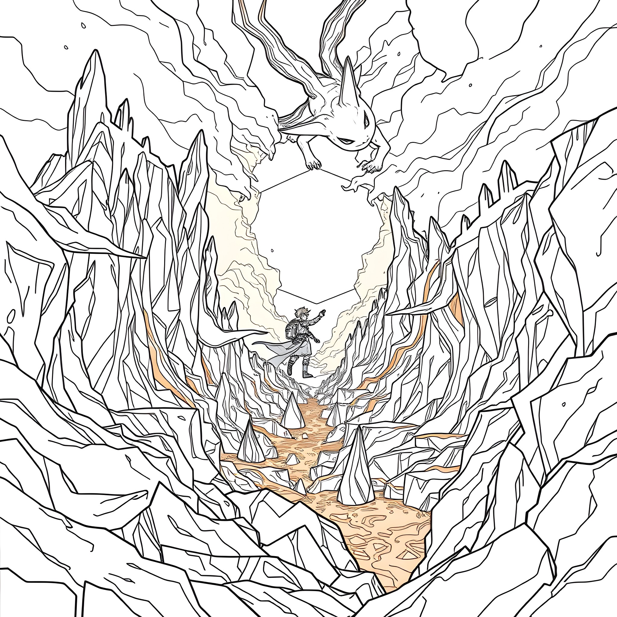 Minecraft Explorer navigating through a dangerous icy cave Coloring Page (free black-and-white line drawing printable PDF for all, from beginners to advanced learners, including children, teens, adults, and seniors)