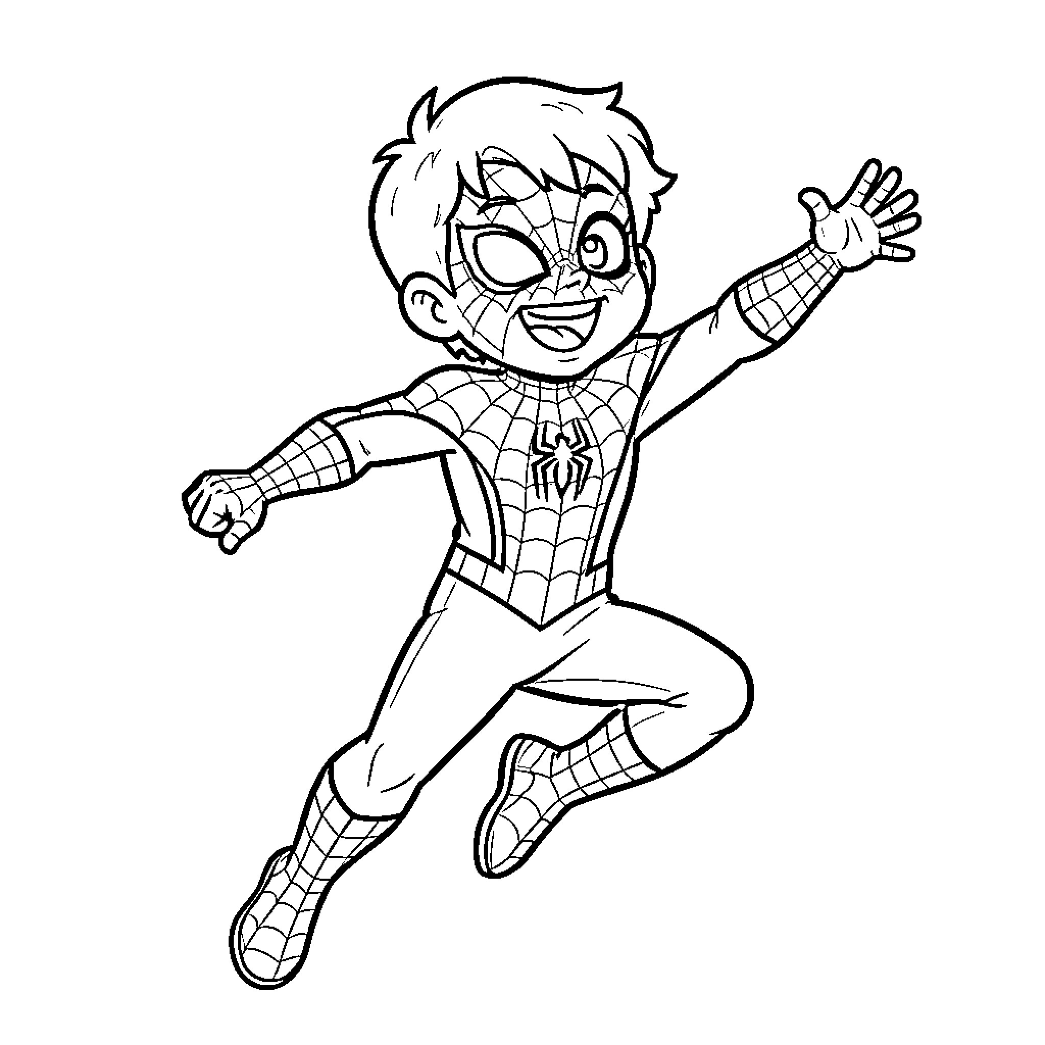 Kid Spiderman Jumping with Excitement Coloring Page (free black-and-white line drawing printable PDF for all, from beginners to advanced learners, including children, teens, adults, and seniors)