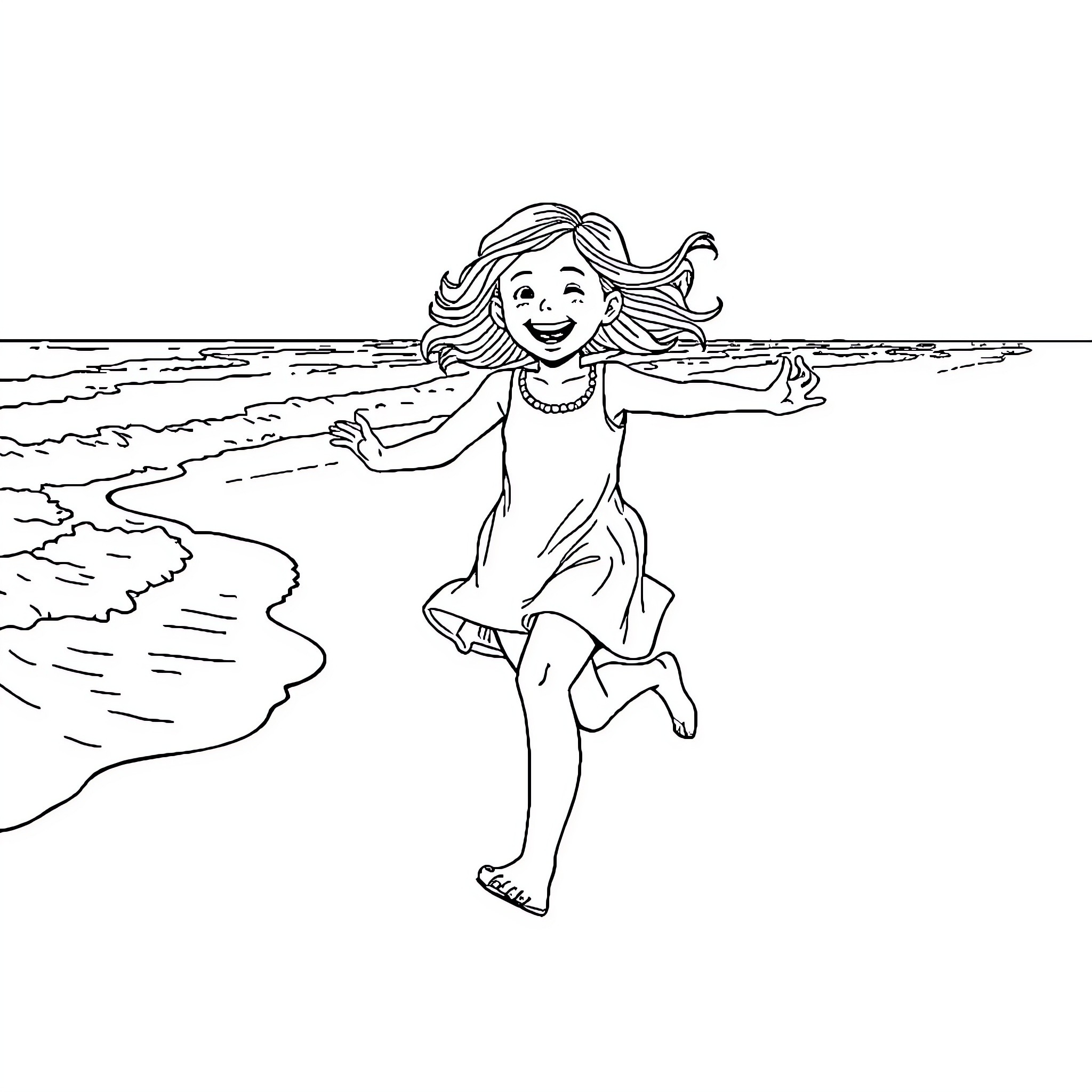 Girl joyfully running along the beach Coloring Page (free black-and-white line drawing printable PDF for all, from beginners to advanced learners, including children, teens, adults, and seniors)