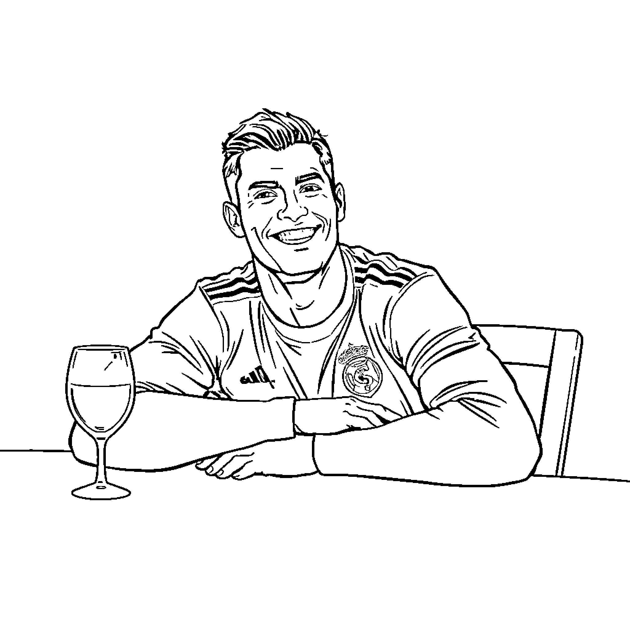Ronaldo relaxing with glass of wine after match Coloring Page (free black-and-white line drawing printable PDF for all, from beginners to advanced learners, including children, teens, adults, and seniors)
