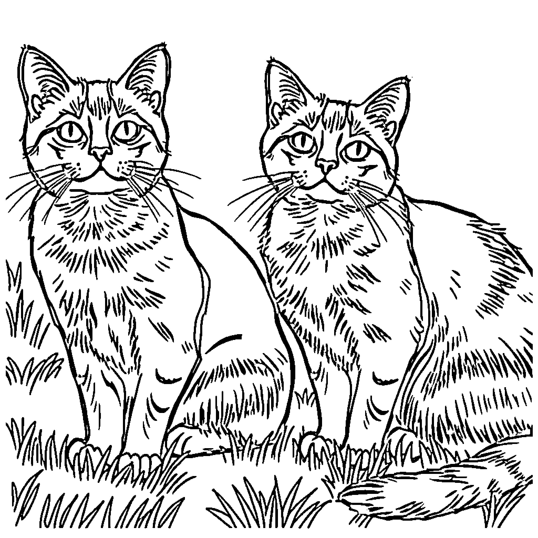 Cat friends explore the natural surroundings Coloring Page (free black-and-white line drawing printable PDF for all, from beginners to advanced learners, including children, teens, adults, and seniors)
