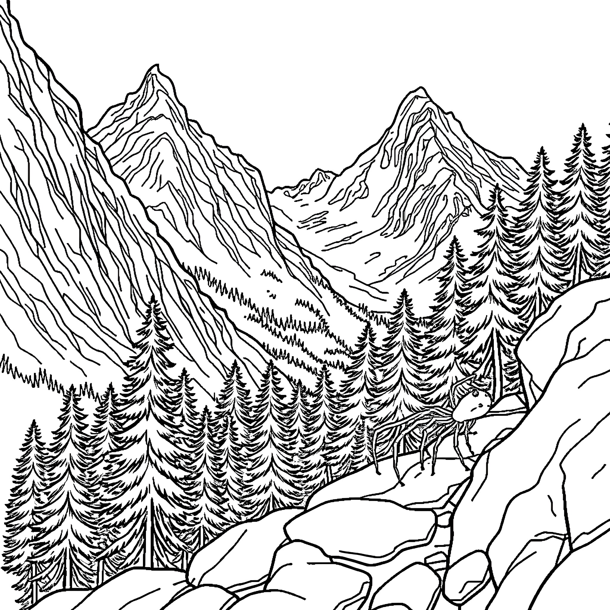 Spider-like Mountains in a Wintery Landscape Coloring Page (free black-and-white line drawing printable PDF for all, from beginners to advanced learners, including children, teens, adults, and seniors)