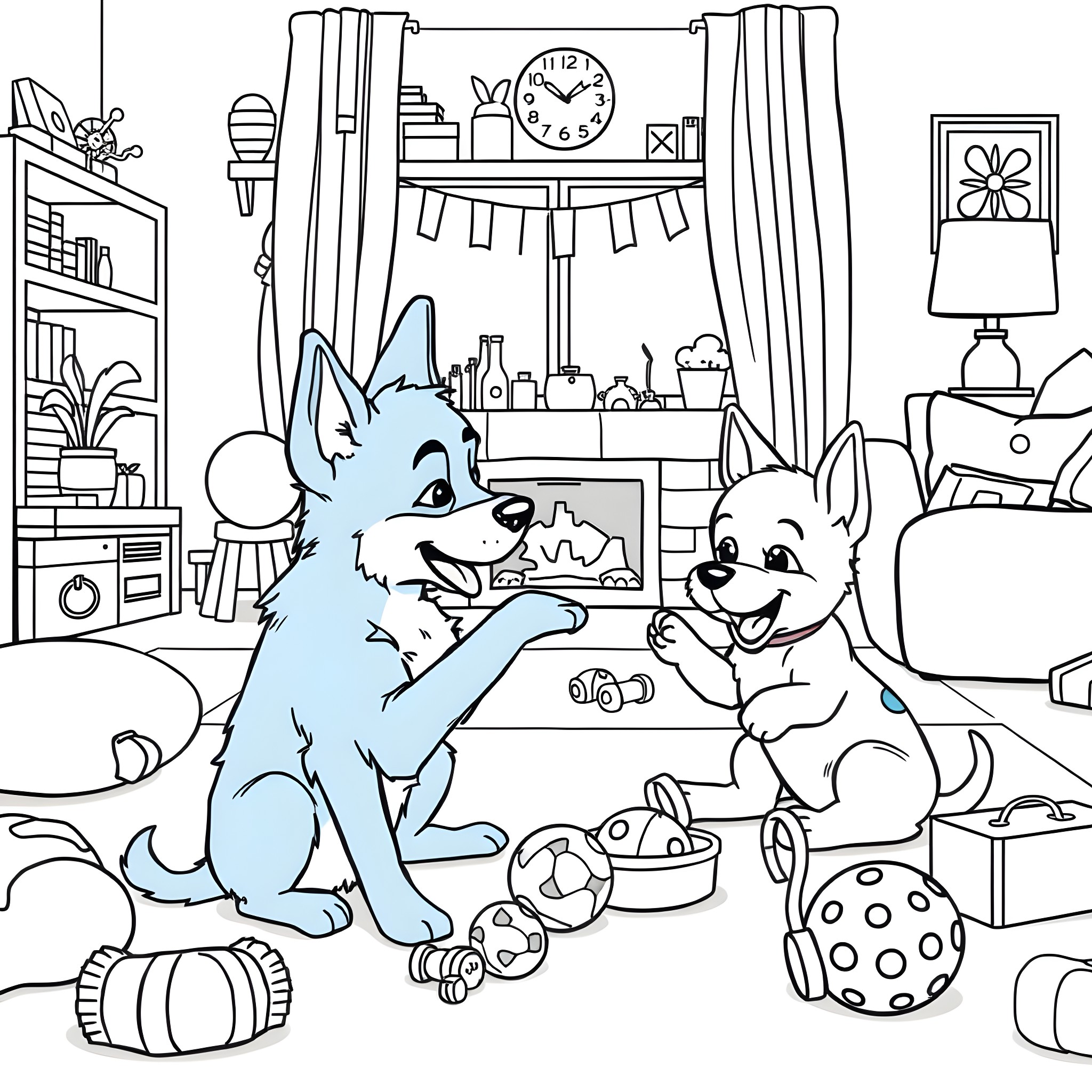 Bluey and Friends in a Cozy Room Coloring Page (free black-and-white line drawing printable PDF for all, from beginners to advanced learners, including children, teens, adults, and seniors)