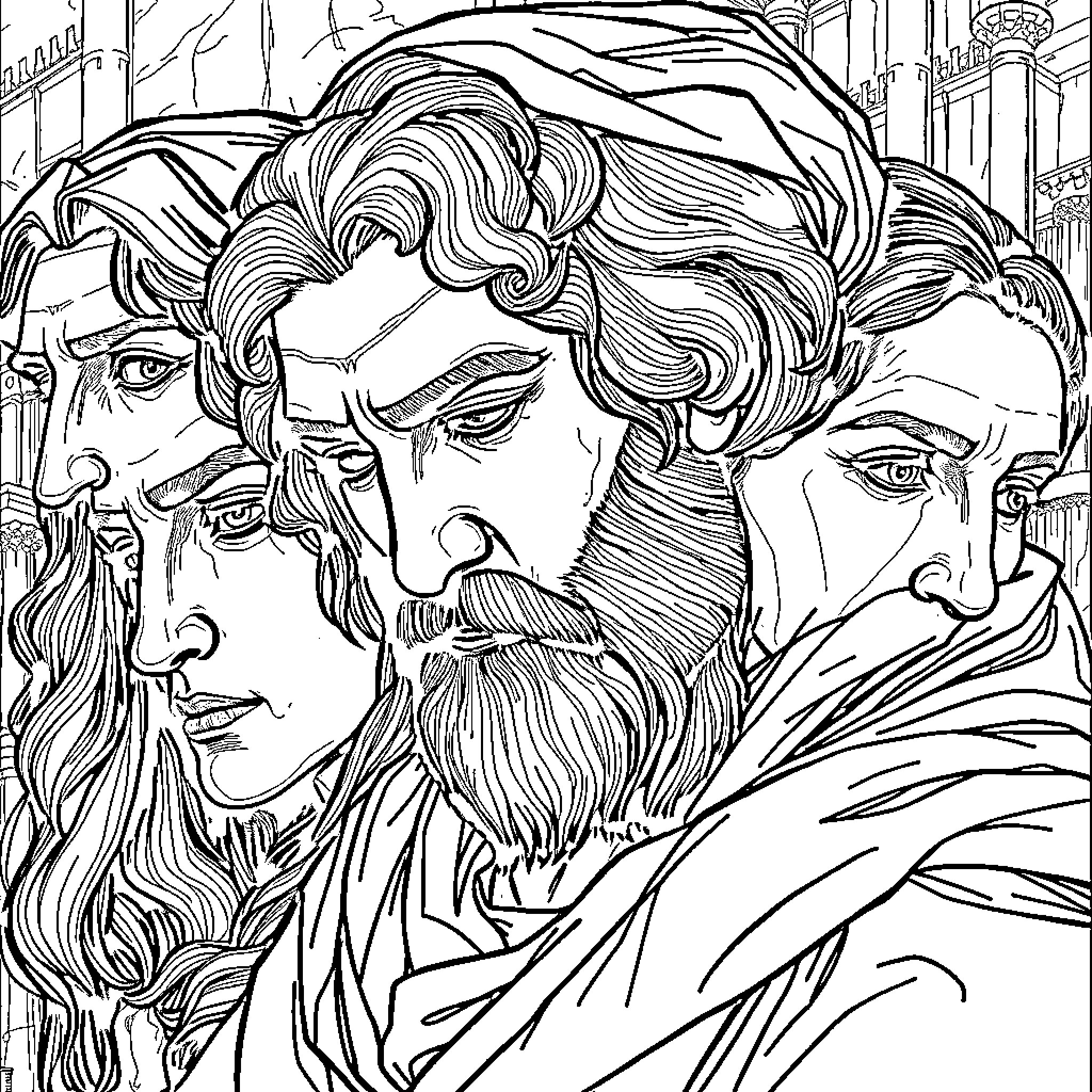 Painting of contemplative figures in dramatic robes Coloring Page (free black-and-white line drawing printable PDF for all, from beginners to advanced learners, including children, teens, adults, and seniors)