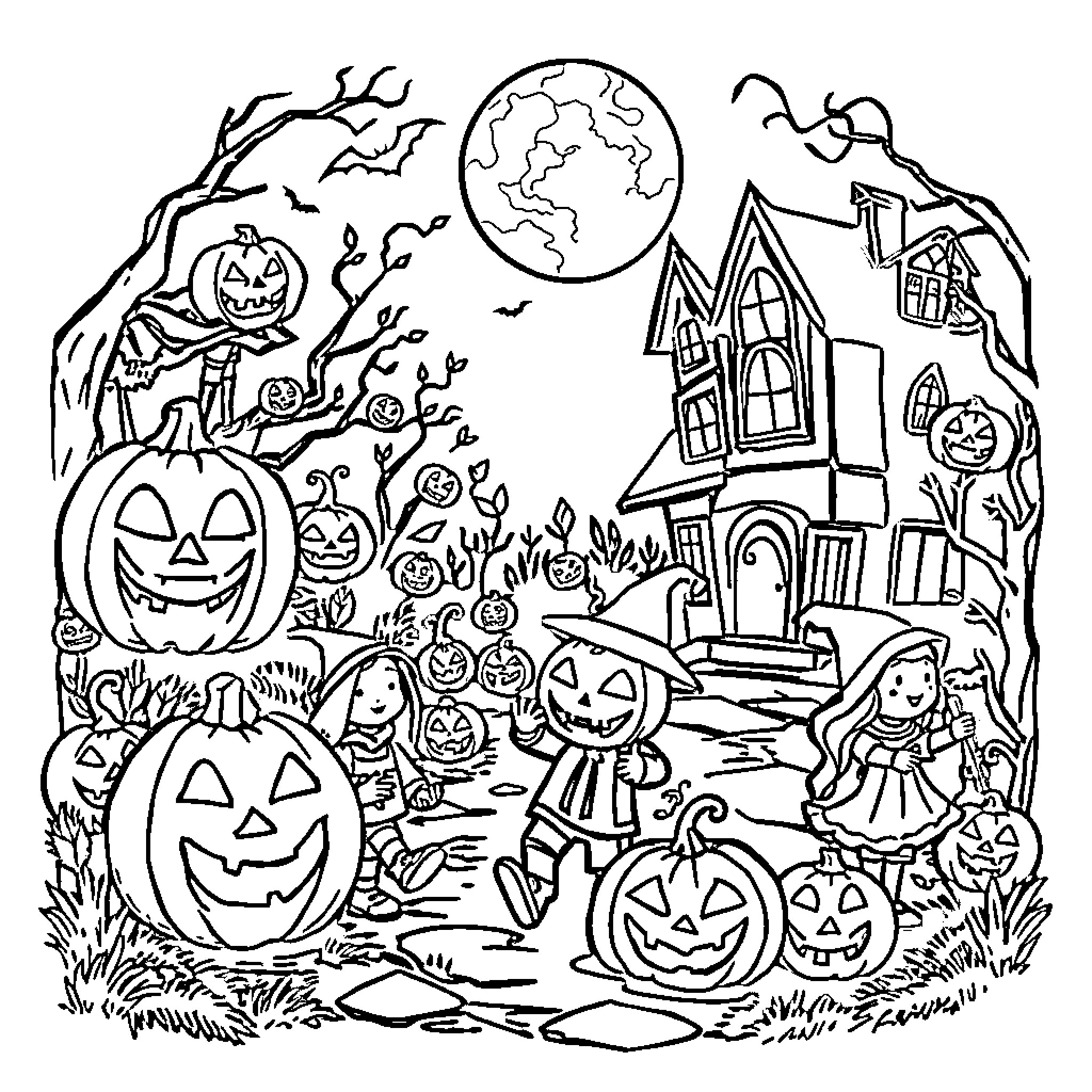 Halloween scene with pumpkins, haunted house, and trick-or-treaters Coloring Page (free black-and-white line drawing printable PDF for all, from beginners to advanced learners, including children, teens, adults, and seniors)