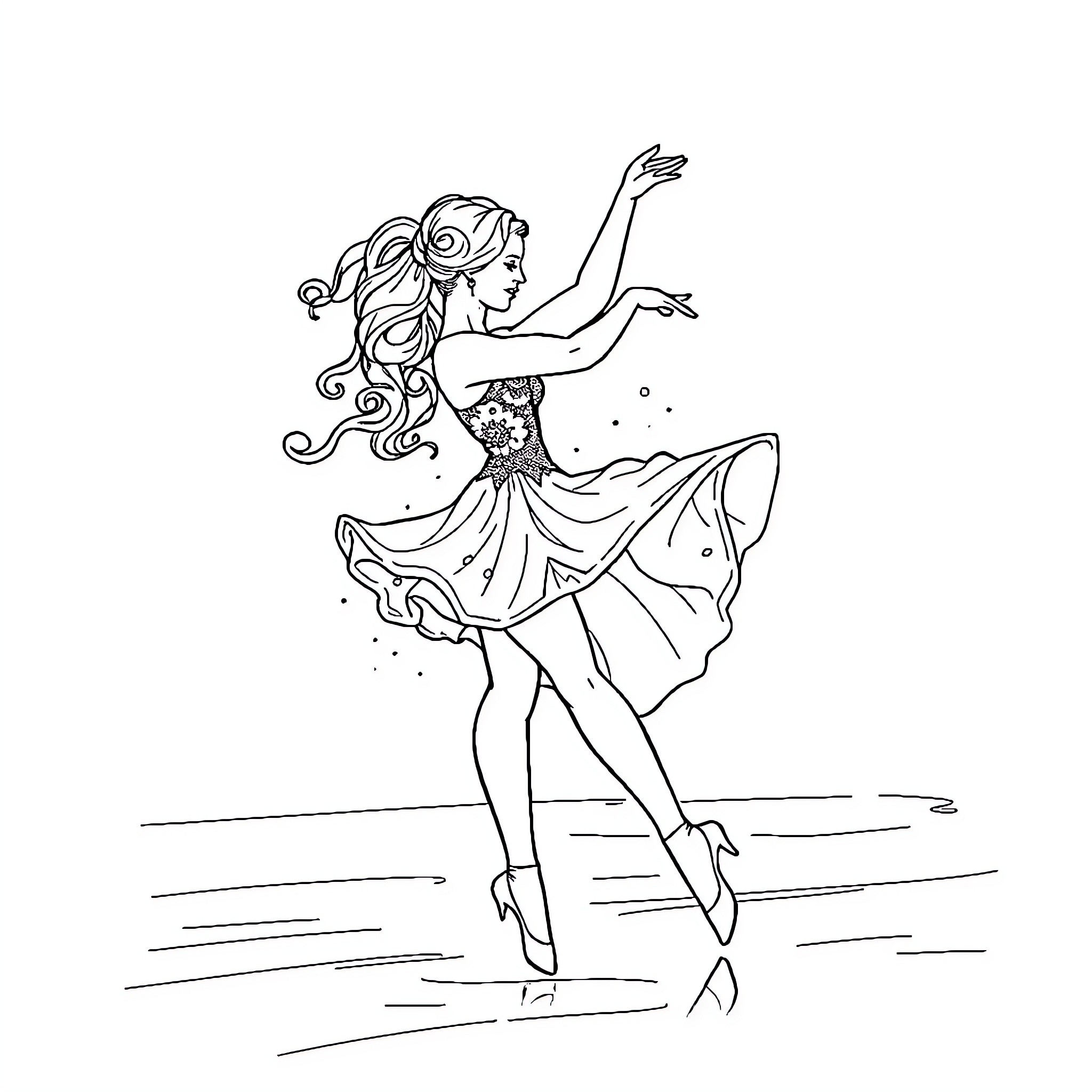 Dancer performing graceful ballet moves Coloring Page (free black-and-white line drawing printable PDF for all, from beginners to advanced learners, including children, teens, adults, and seniors)