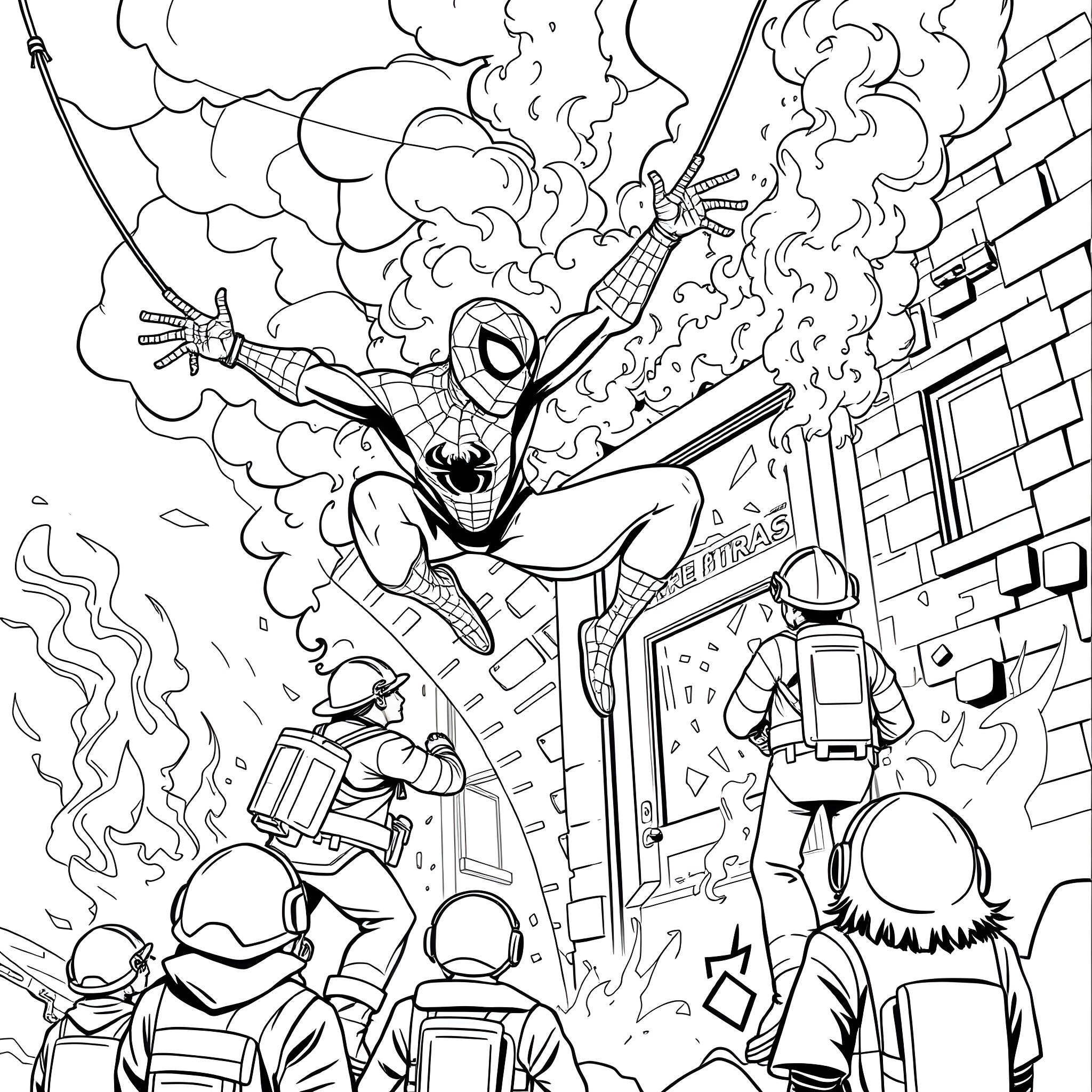 Spiderman rescues bystanders during a city crisis Coloring Page (free black-and-white line drawing printable PDF for all, from beginners to advanced learners, including children, teens, adults, and seniors)