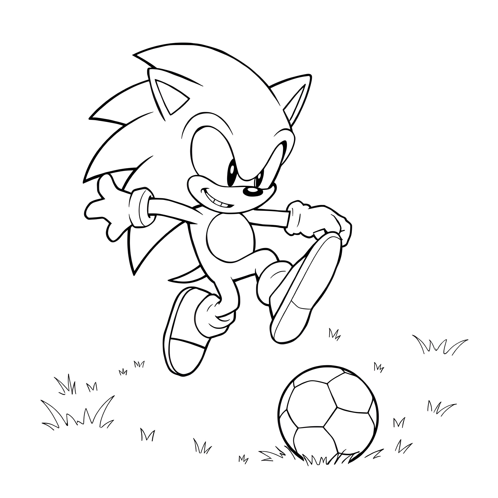 Sonic kicking a soccer ball on the field Coloring Page (free black-and-white line drawing printable PDF for all, from beginners to advanced learners, including children, teens, adults, and seniors)