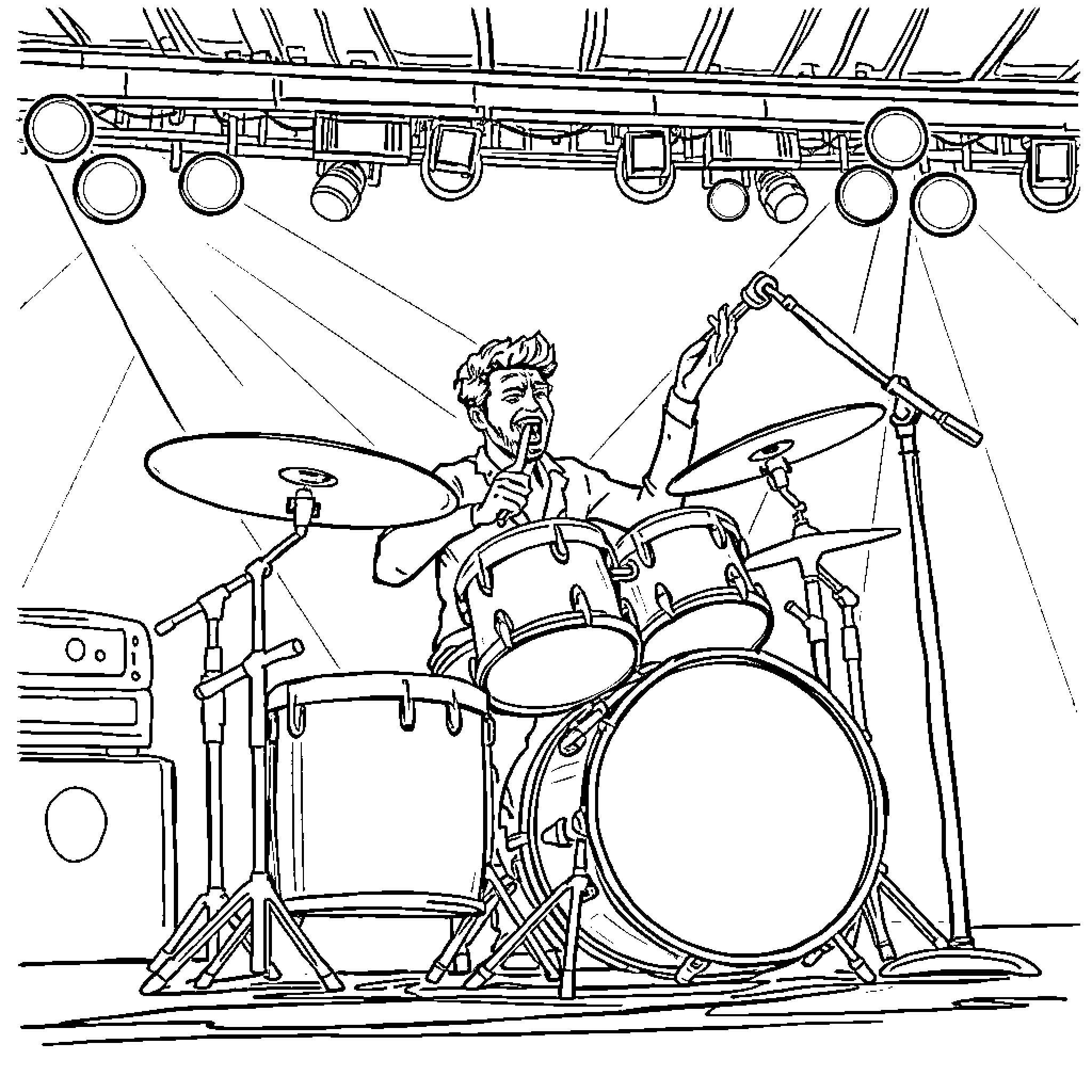 Nicusor Performing Lively Drum Solo on Stage Coloring Page (free black-and-white line drawing printable PDF for all, from beginners to advanced learners, including children, teens, adults, and seniors)