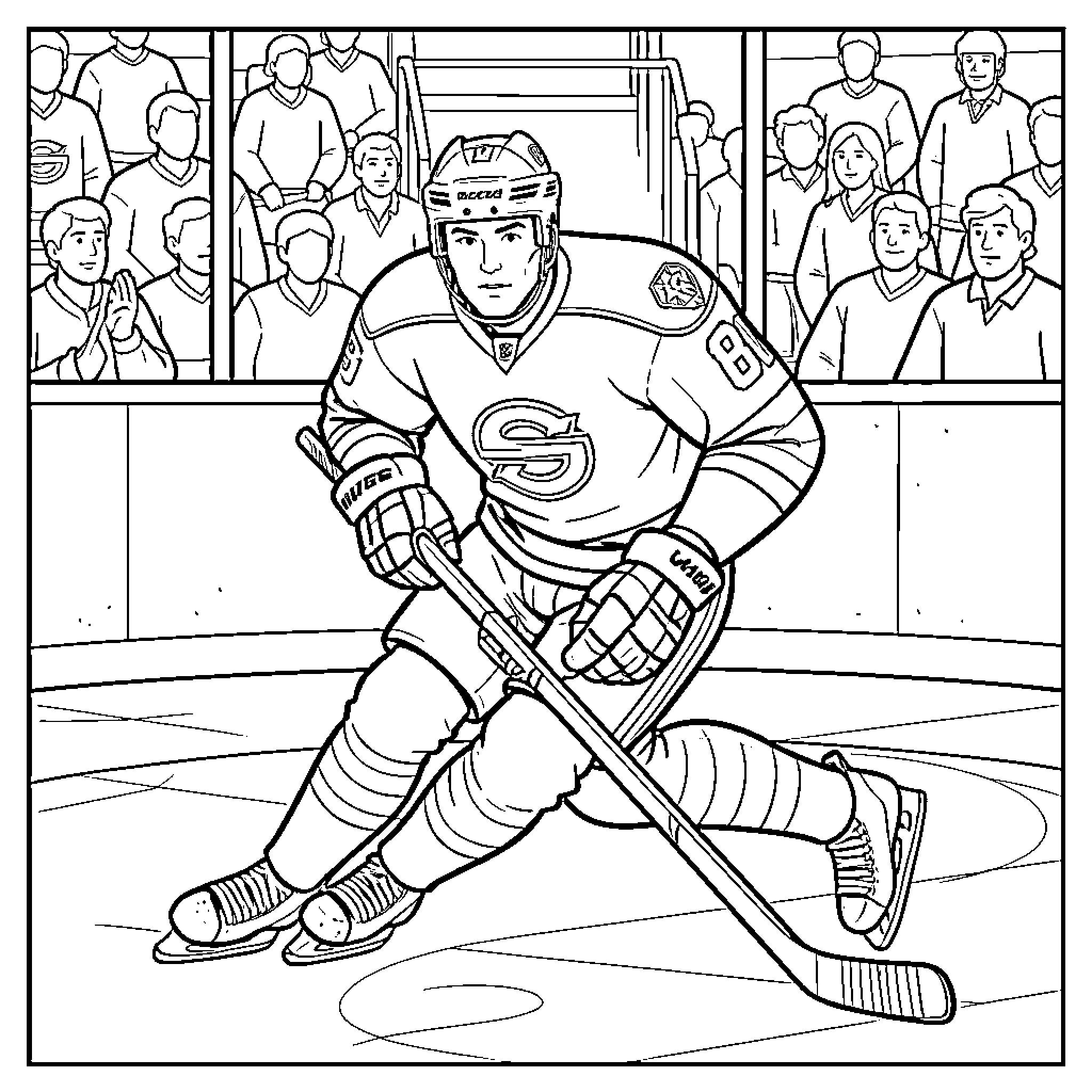 Wayne Gretzky playing hockey on an ice rink Coloring Page (free black-and-white line drawing printable PDF for all, from beginners to advanced learners, including children, teens, adults, and seniors)