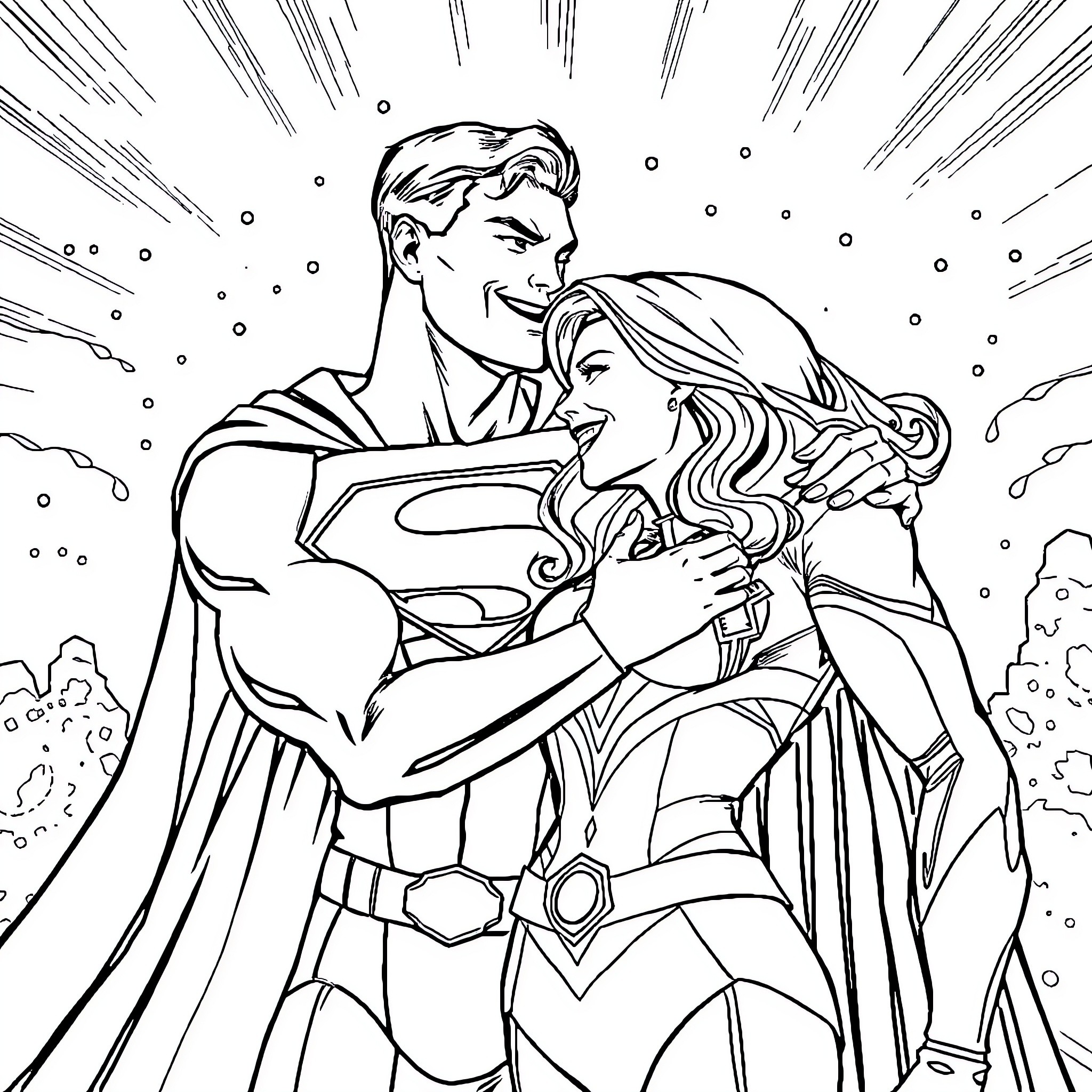 Superman embracing his heroic partner in action Coloring Page (free black-and-white line drawing printable PDF for all, from beginners to advanced learners, including children, teens, adults, and seniors)