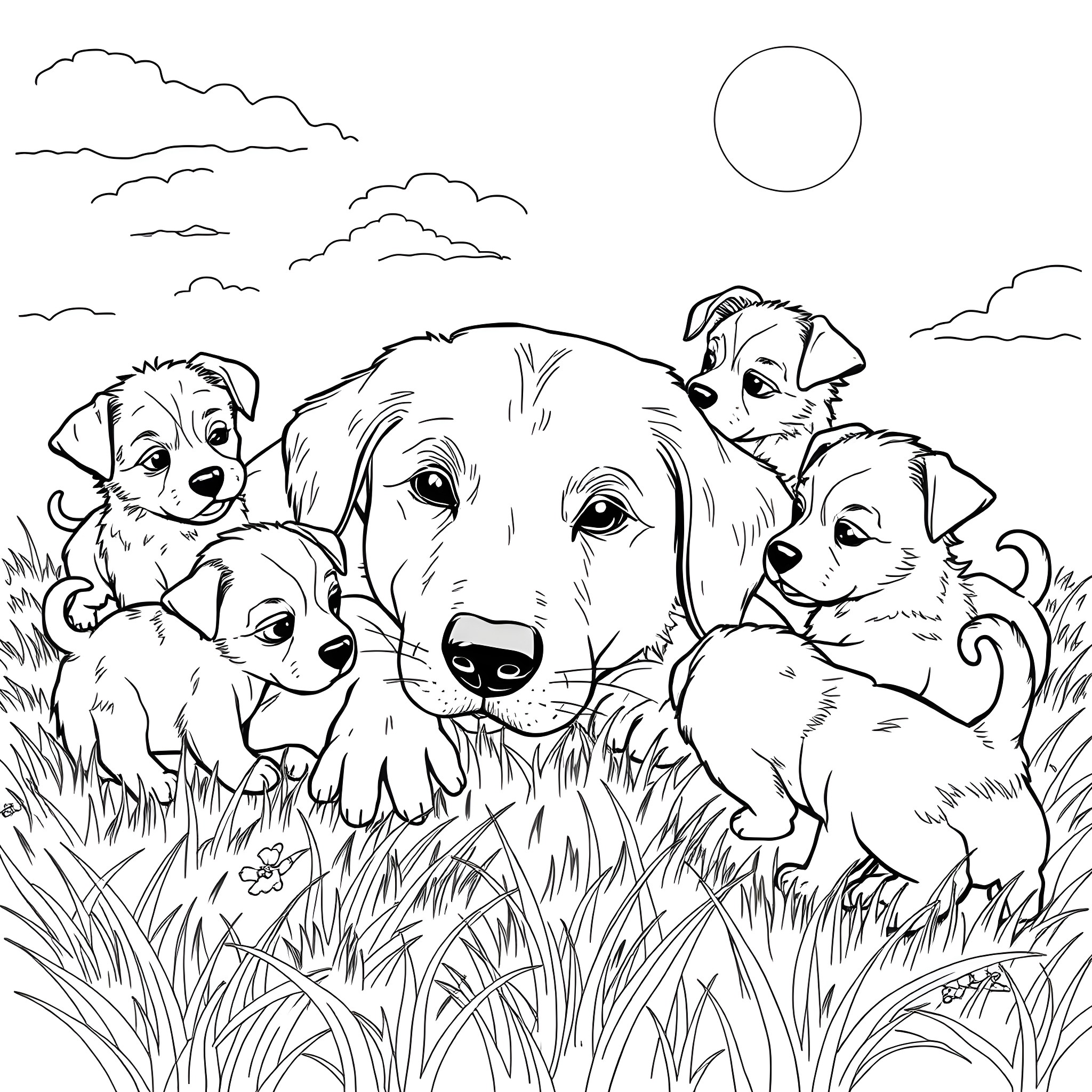 Dog and Puppies Playing in the Grass Coloring Page (free black-and-white line drawing printable PDF for all, from beginners to advanced learners, including children, teens, adults, and seniors)