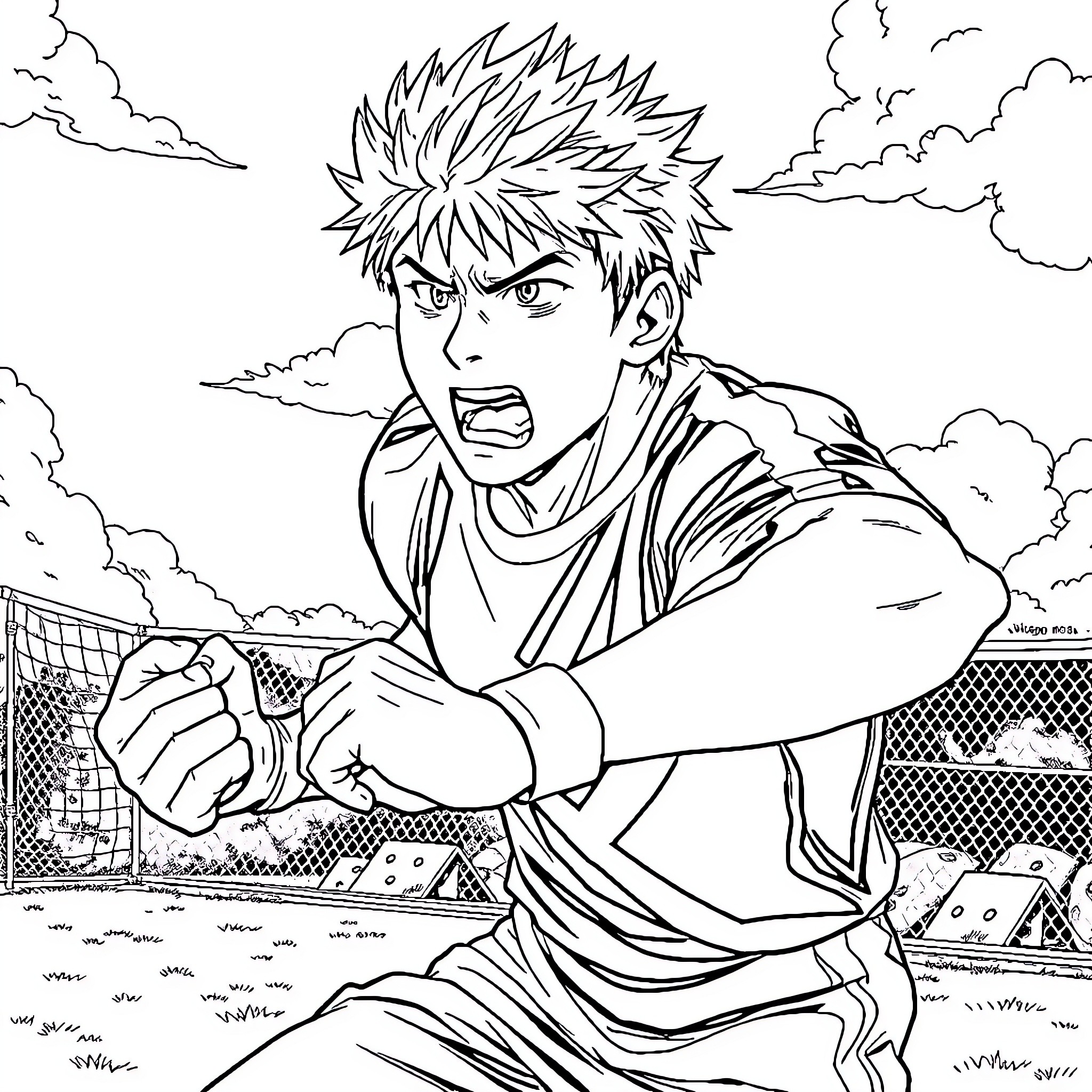 Bakugo engaged in intense, passionate action Coloring Page (free black-and-white line drawing printable PDF for all, from beginners to advanced learners, including children, teens, adults, and seniors)