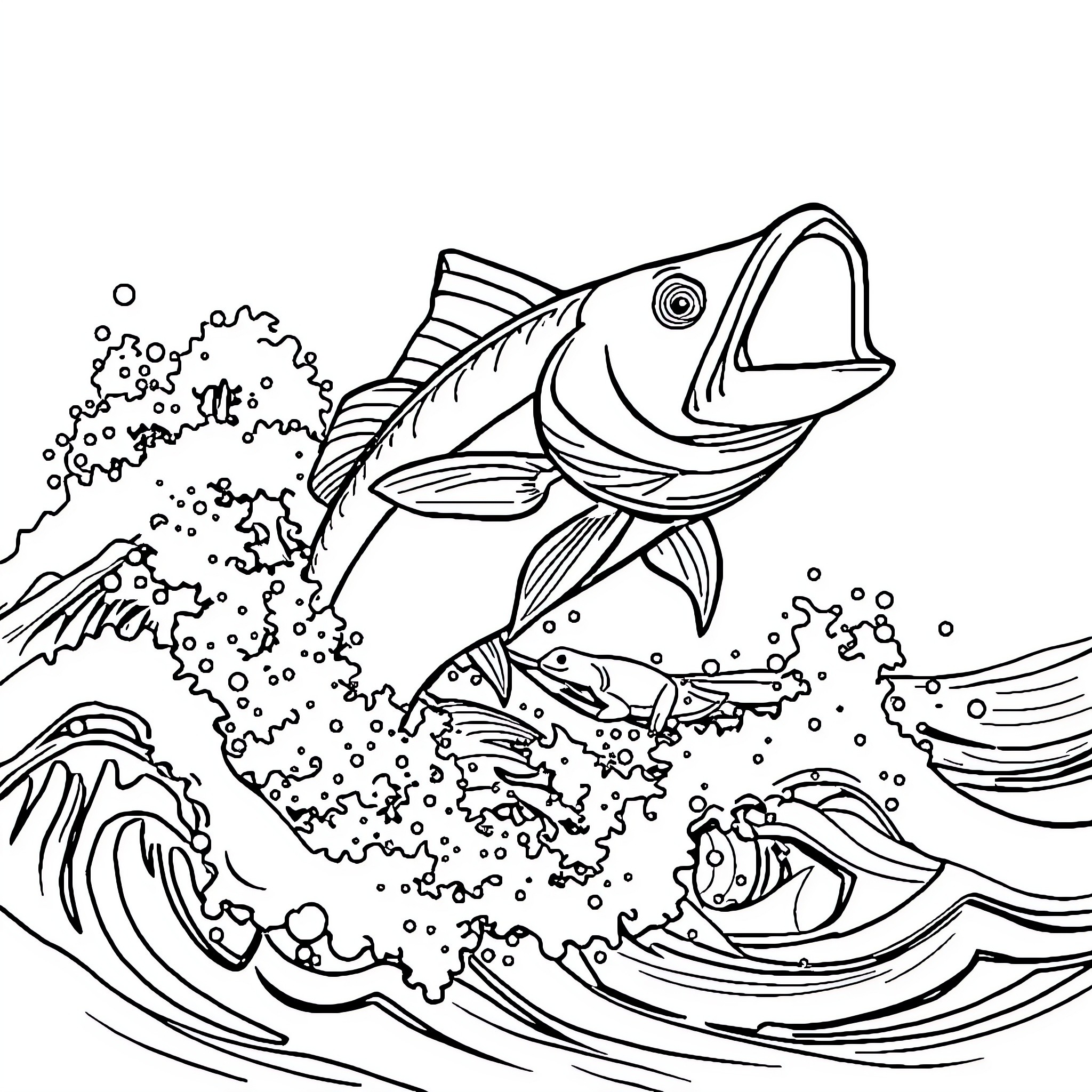 Fish swimming through waves and bubbles Coloring Page (free black-and-white line drawing printable PDF for all, from beginners to advanced learners, including children, teens, adults, and seniors)