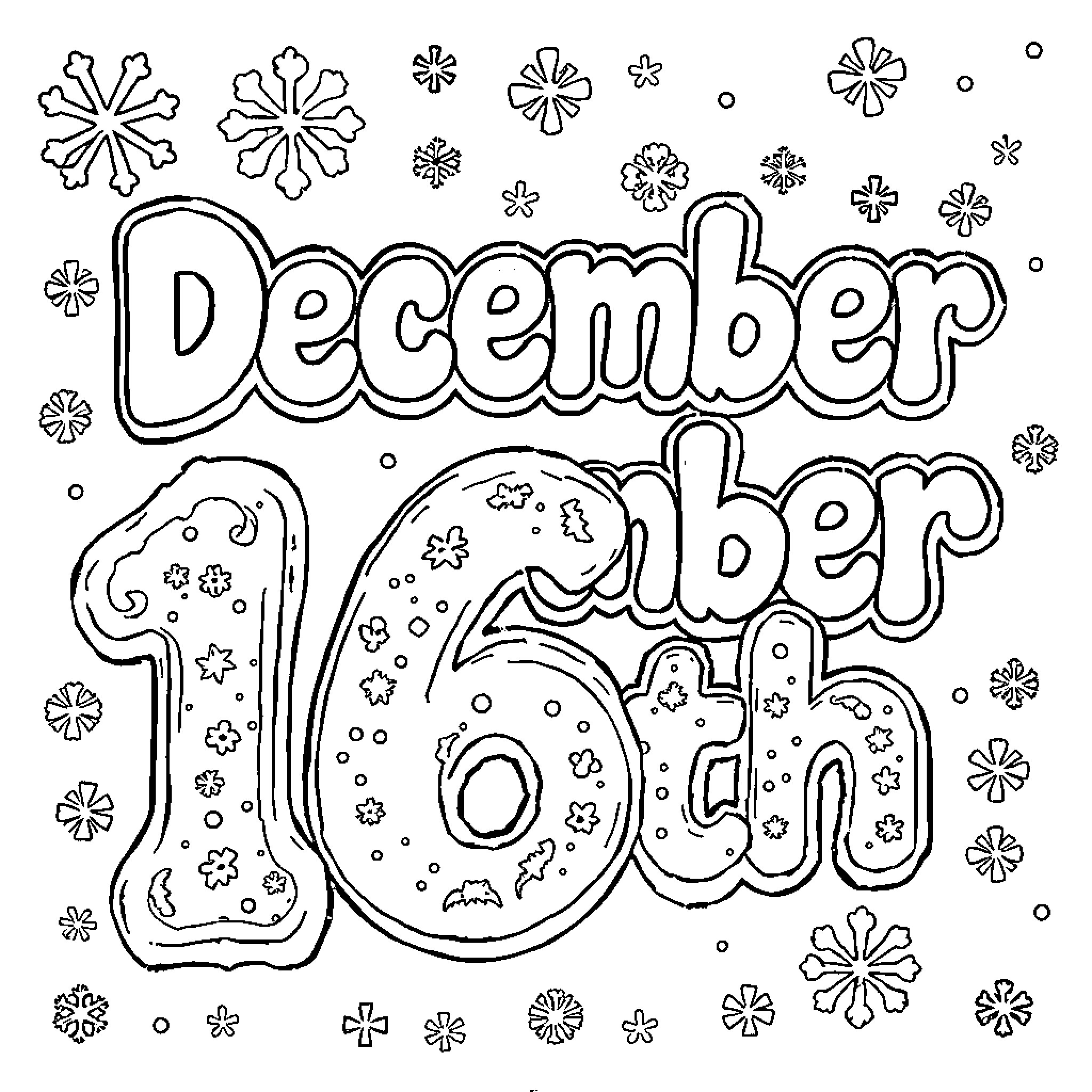 Bubble Letter December 16th Coloring Page (free black-and-white line drawing printable PDF for all, from beginners to advanced learners, including children, teens, adults, and seniors)
