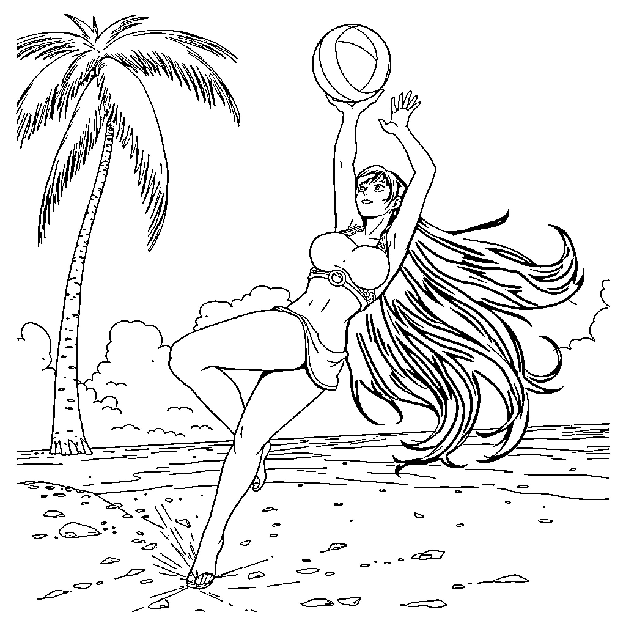 Tifa Lockhart playing with a beach ball on the shore Coloring Page (free black-and-white line drawing printable PDF for all, from beginners to advanced learners, including children, teens, adults, and seniors)