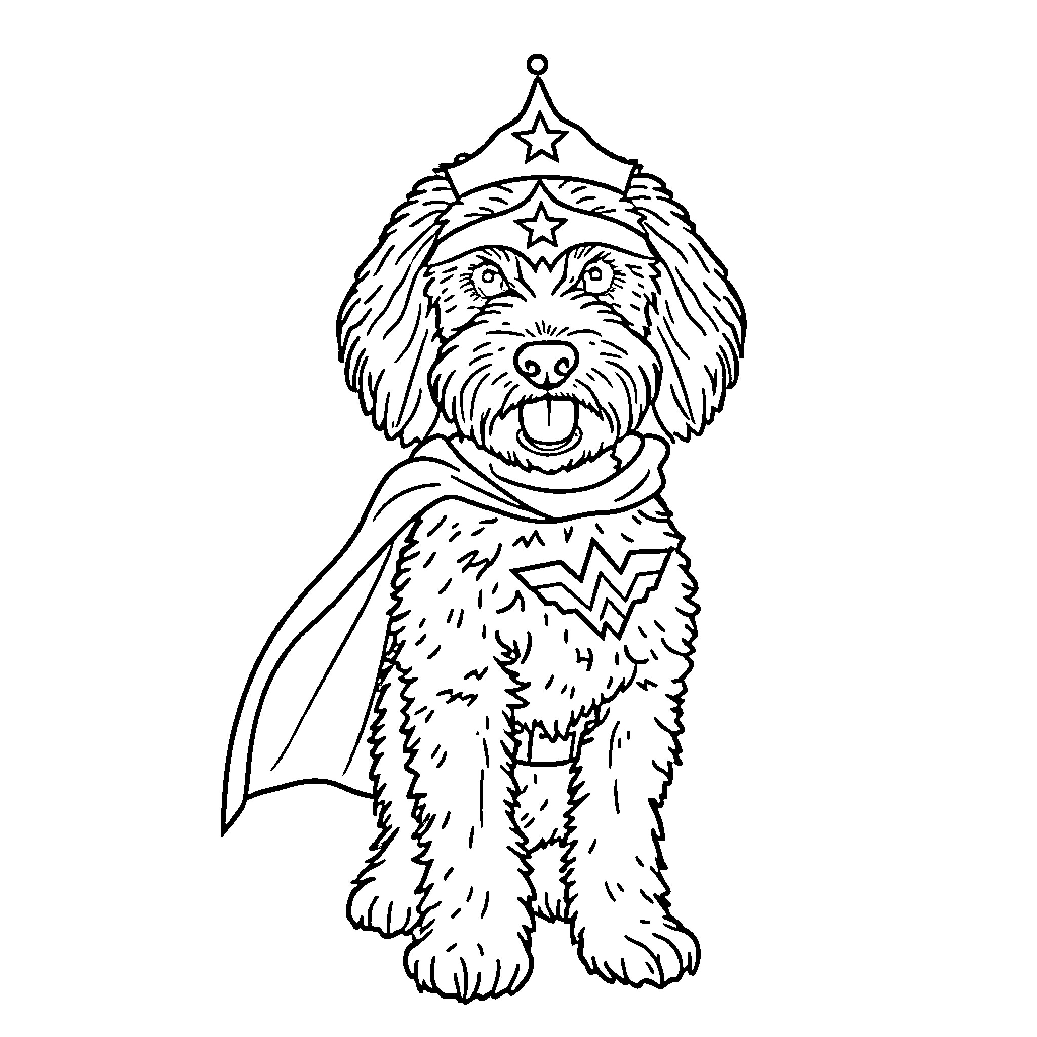 Labradoodle wearing a superhero costume Coloring Page (free black-and-white line drawing printable PDF for all, from beginners to advanced learners, including children, teens, adults, and seniors)