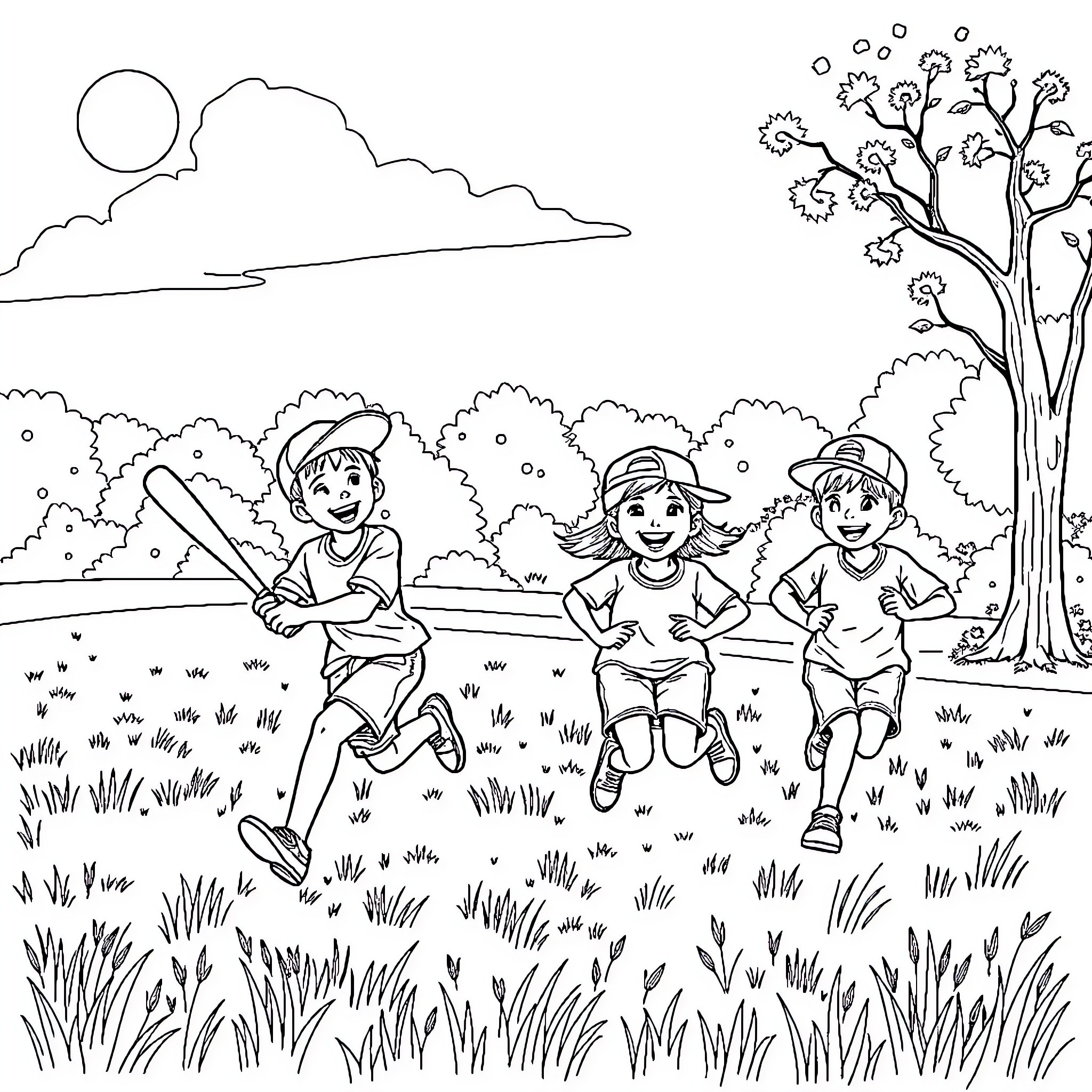 Kid Playing Happily in the Park Coloring Page (free black-and-white line drawing printable PDF for all, from beginners to advanced learners, including children, teens, adults, and seniors)